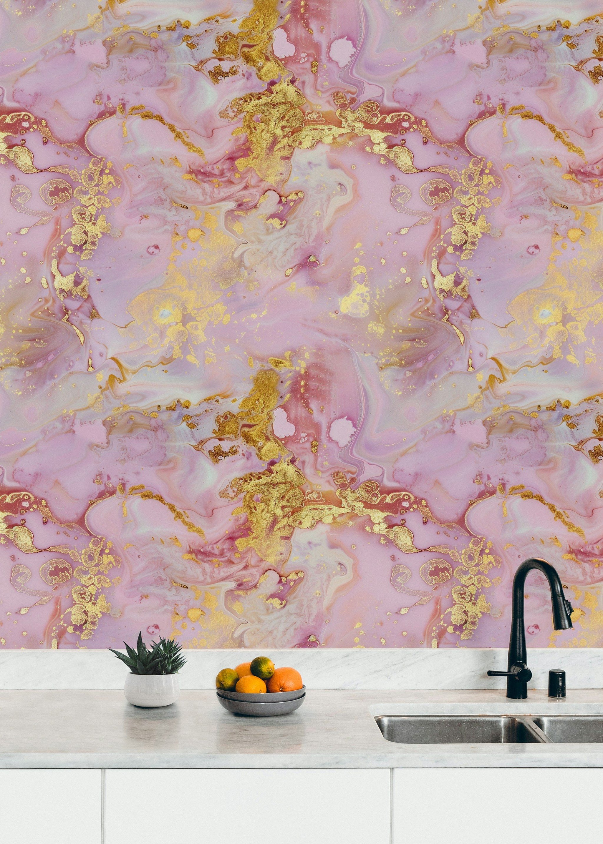 Pink and Gold Look Swirl Marble Effect Wallpaper