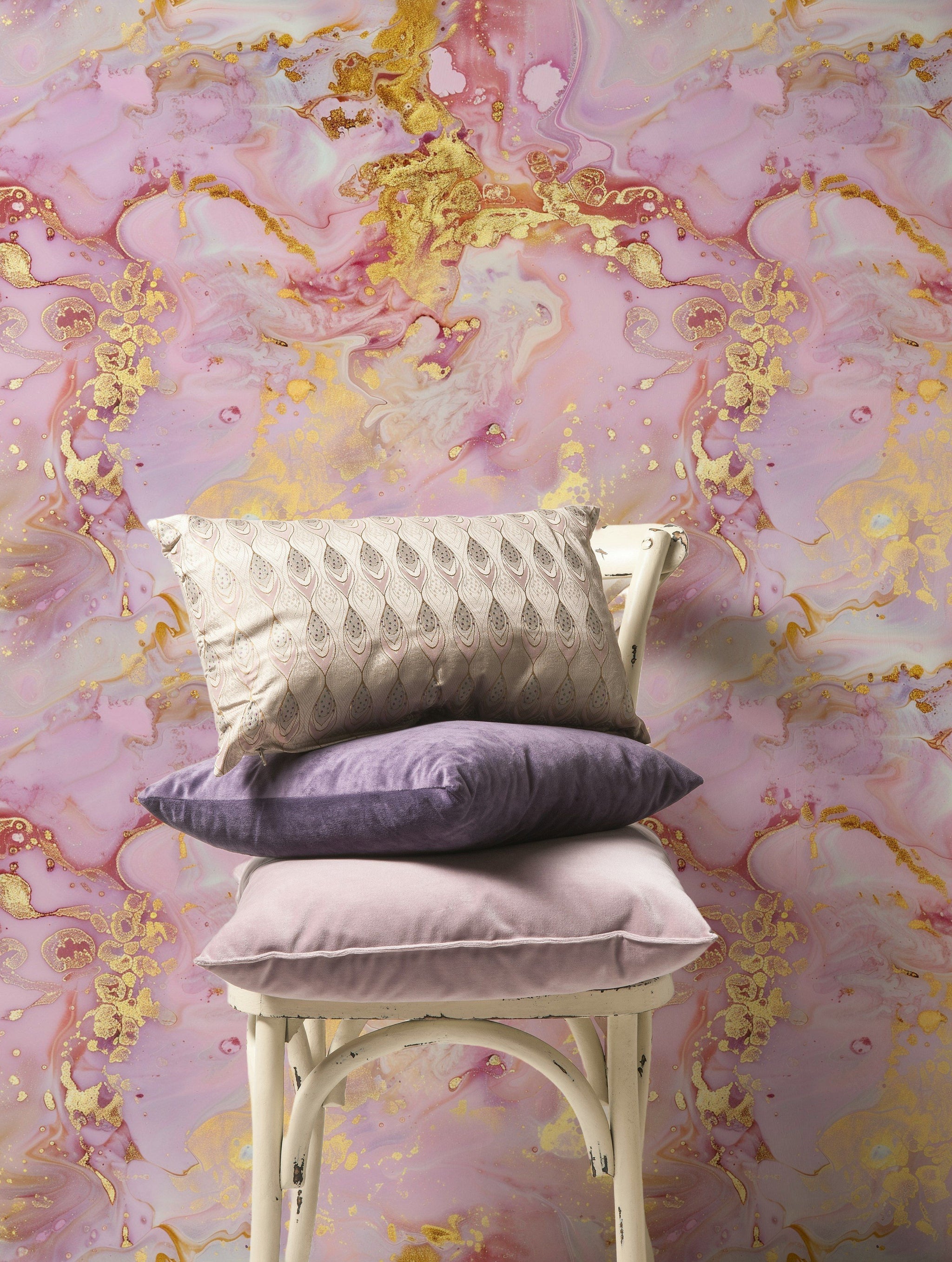 Pink and Gold Look Swirl Marble Effect Wallpaper