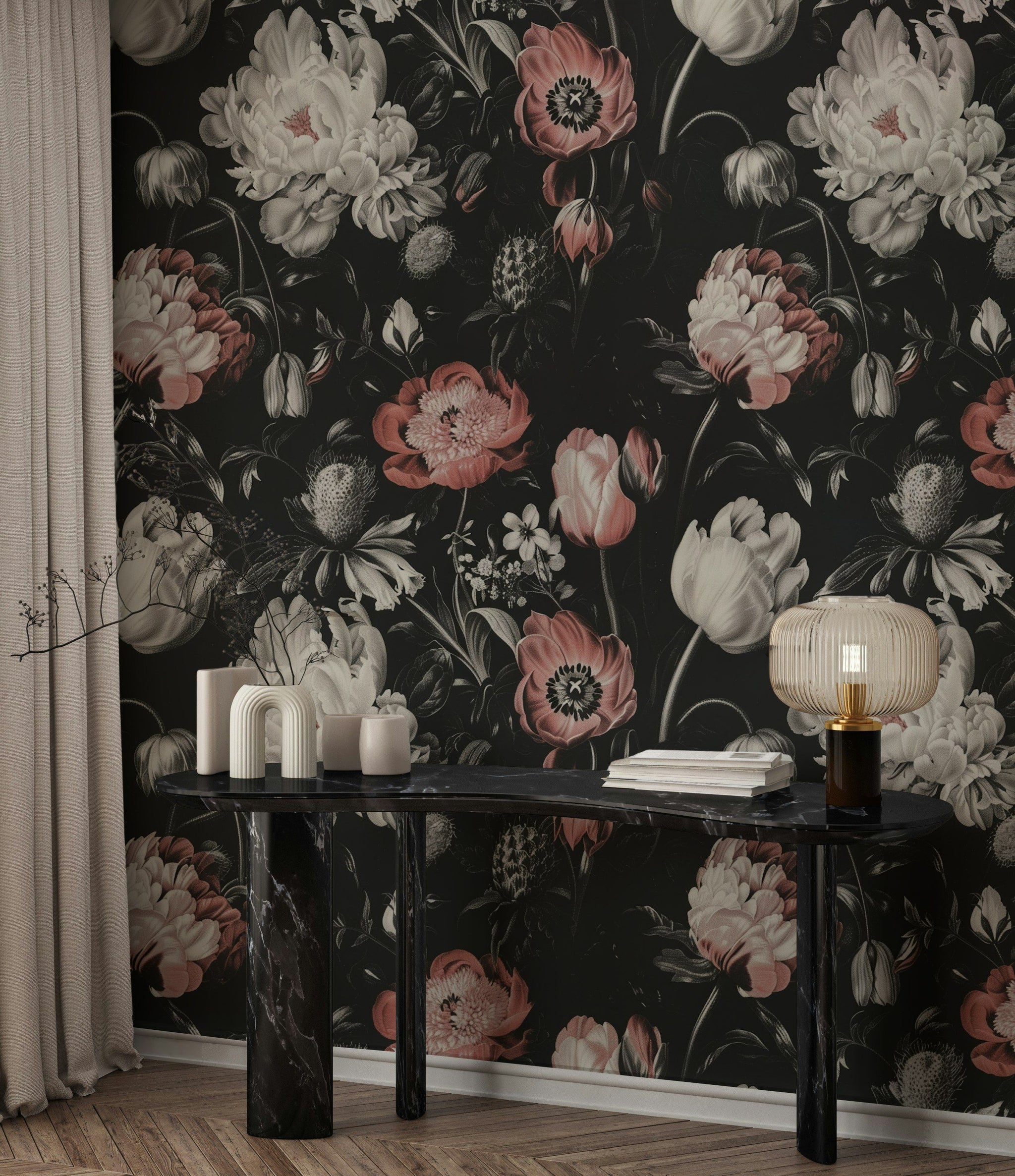 Moody Black and Pink Large Floral Wallpaper