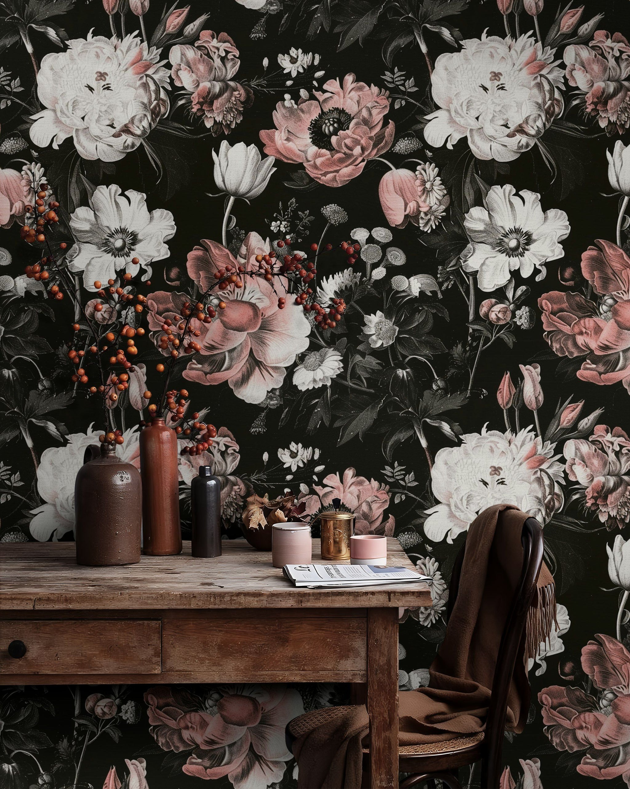 Vintage Black and Pink Large Floral Wallpaper