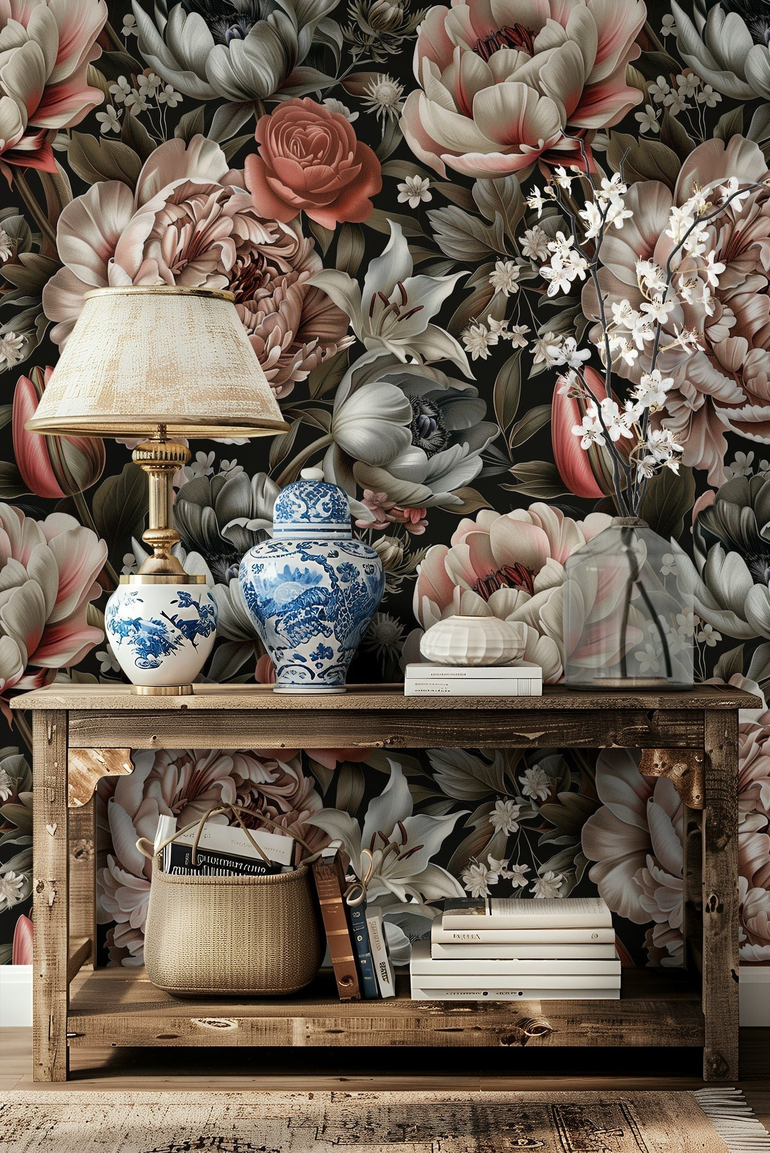 Black Background Blush Peony Floral Wallpaper