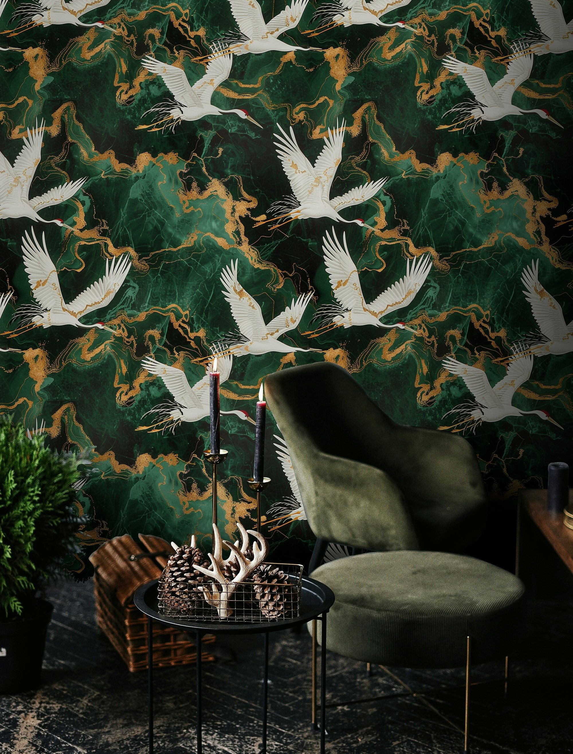 Emerald Green Flying Crane Luxury Wallpaper