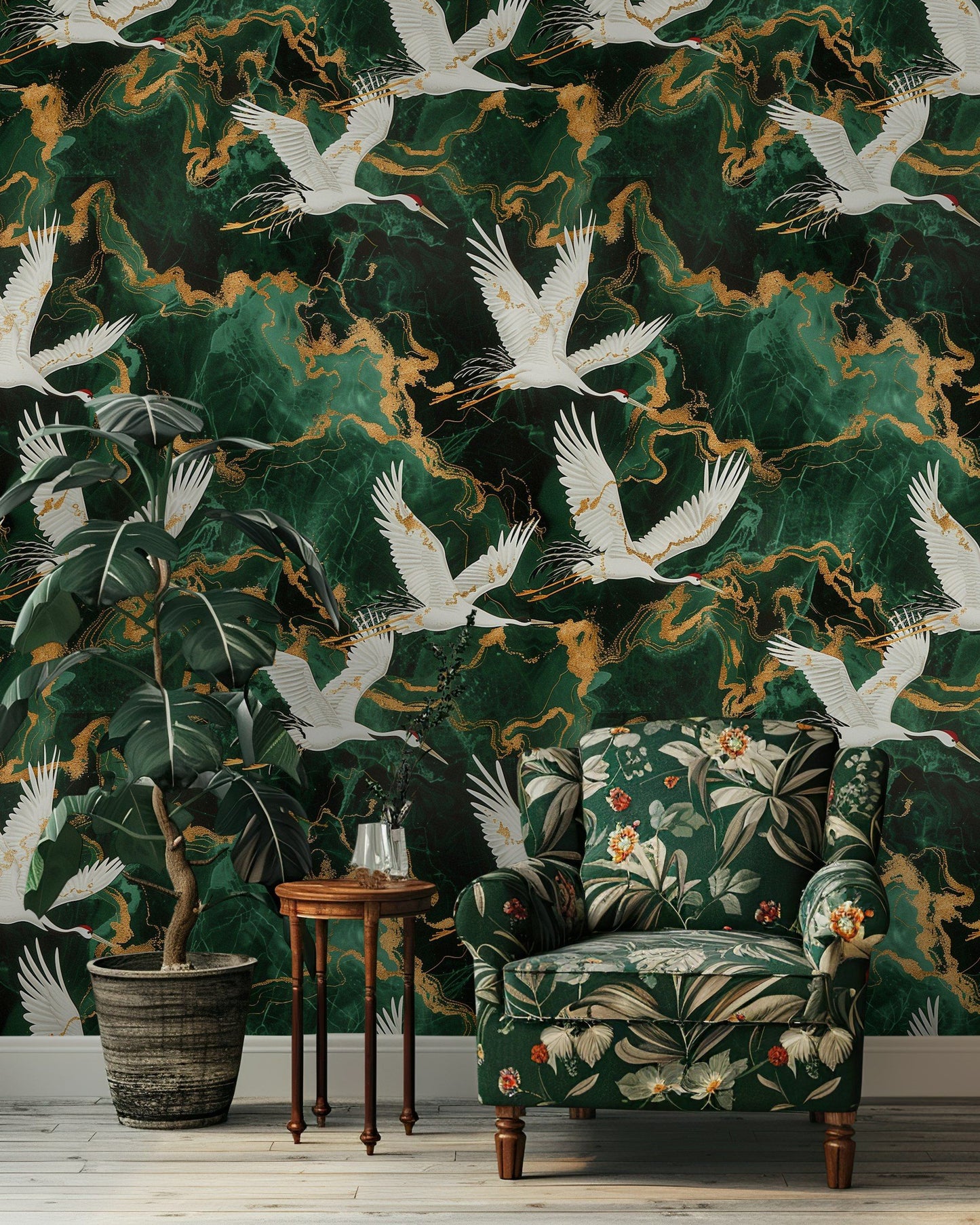 Japanese Crane Wallpaper Emerald Green Roll