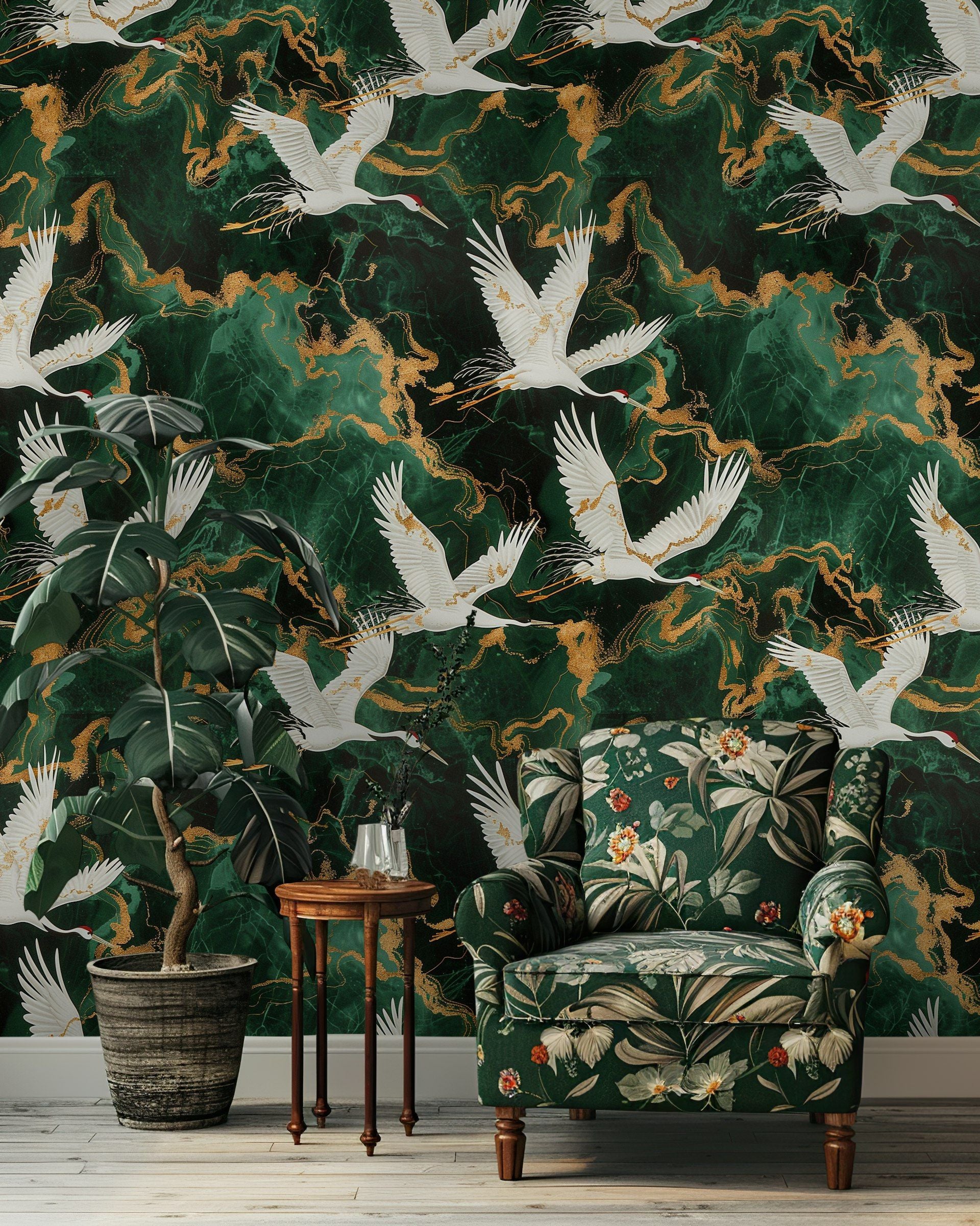 Emerald Green Flying Crane Luxury Wallpaper