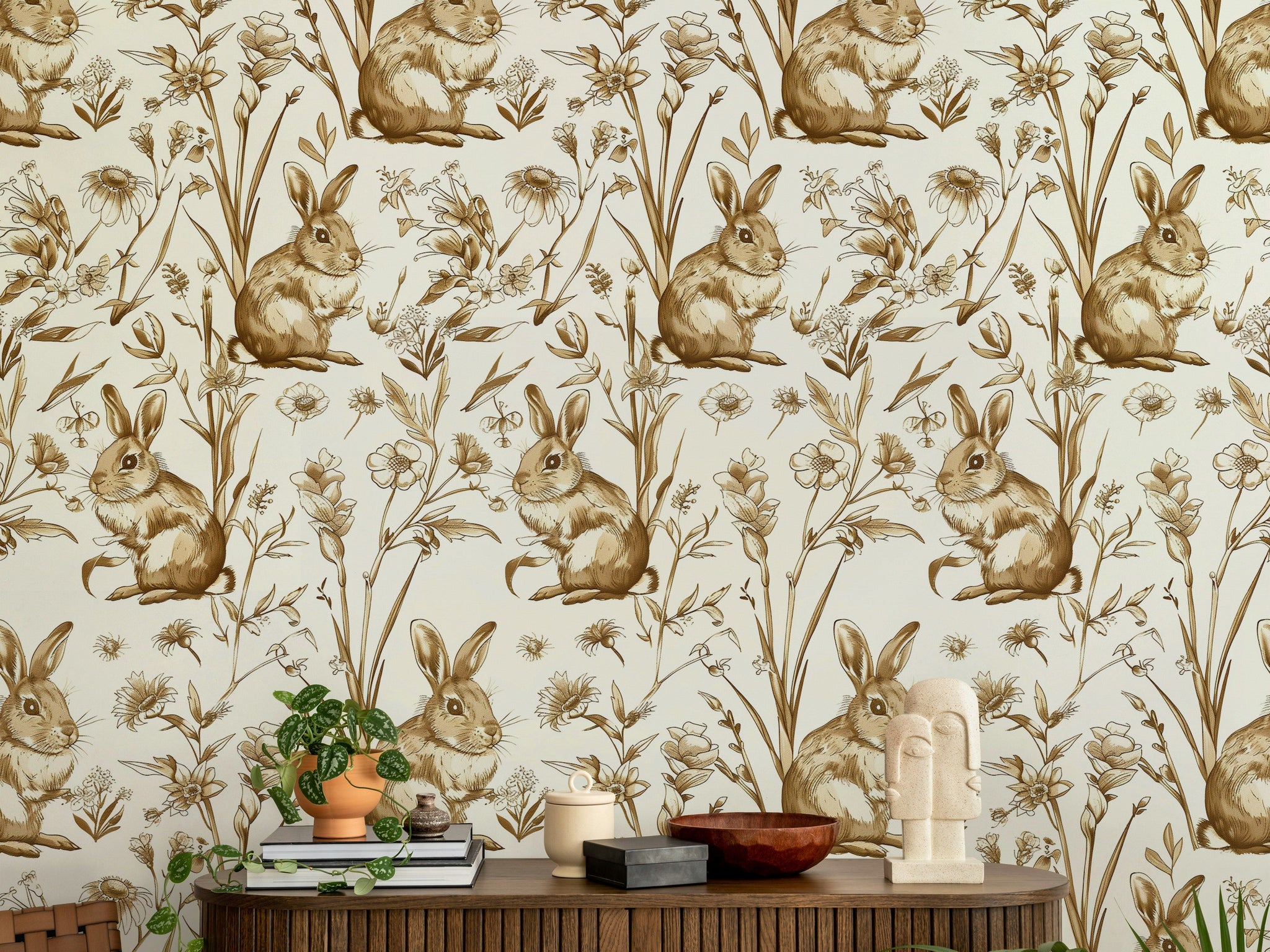 Beige and Brown Rabbit Botanical Wallpaper