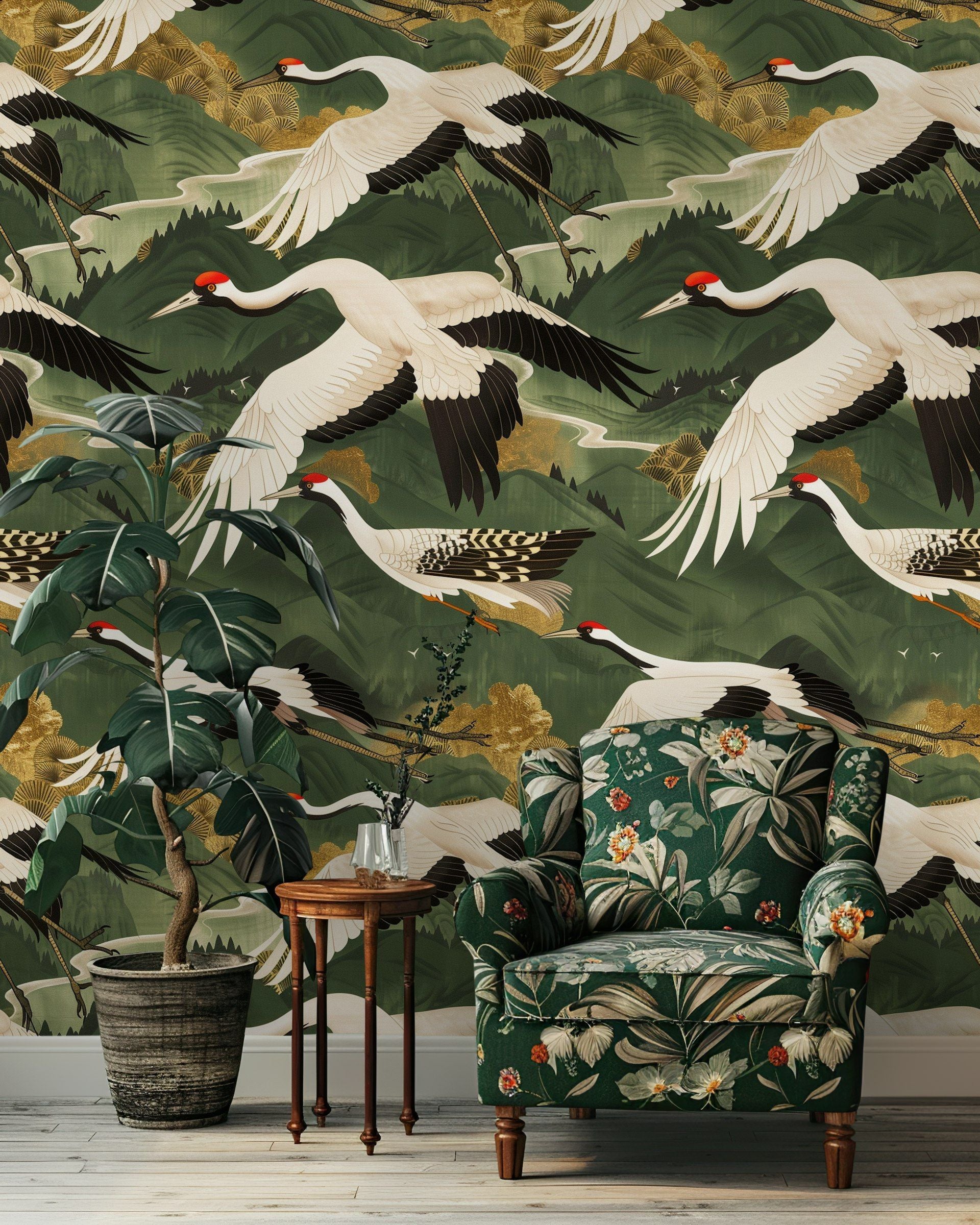 Emerald Green Japanese Crane Wallpaper