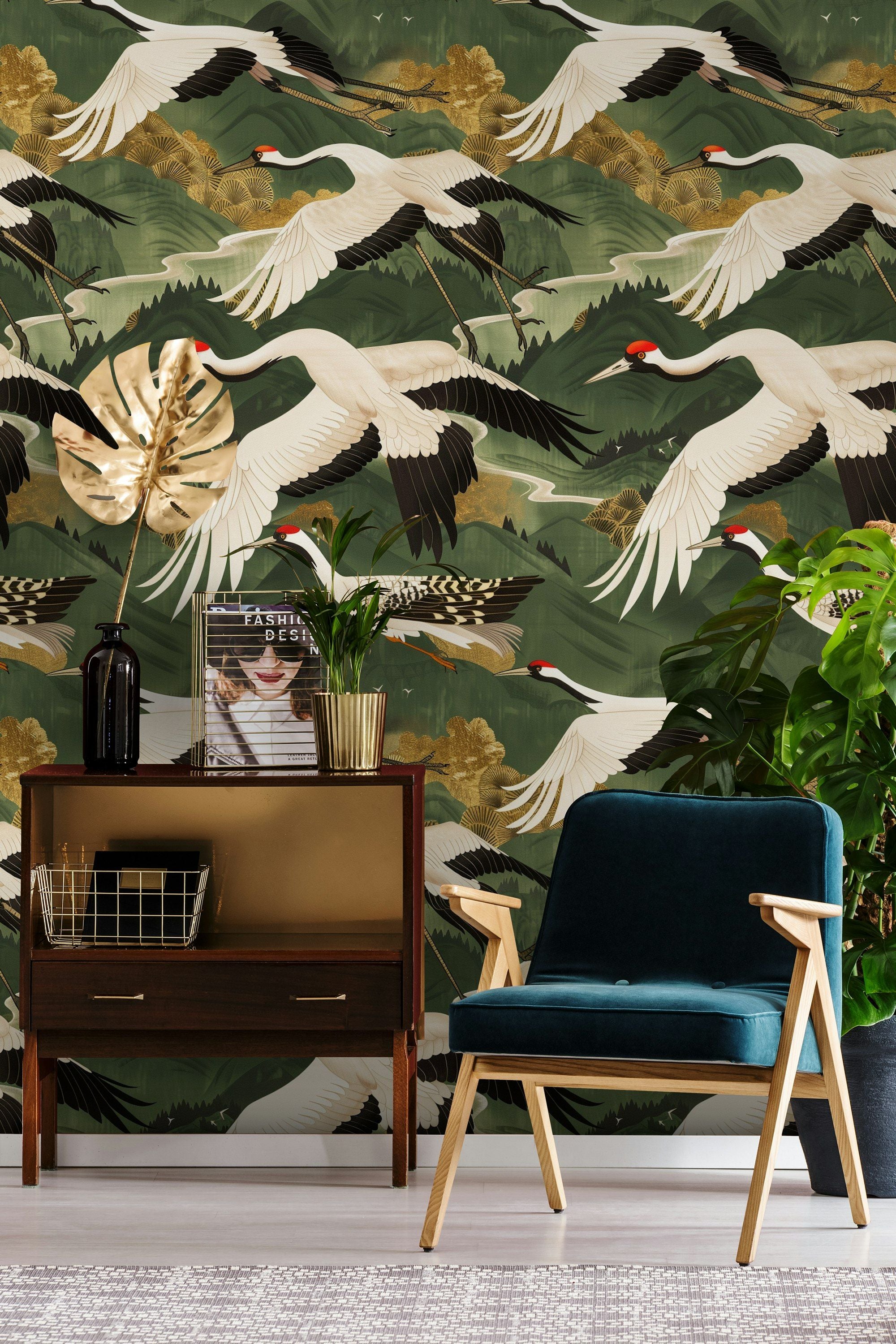 Emerald Green Japanese Crane Wallpaper