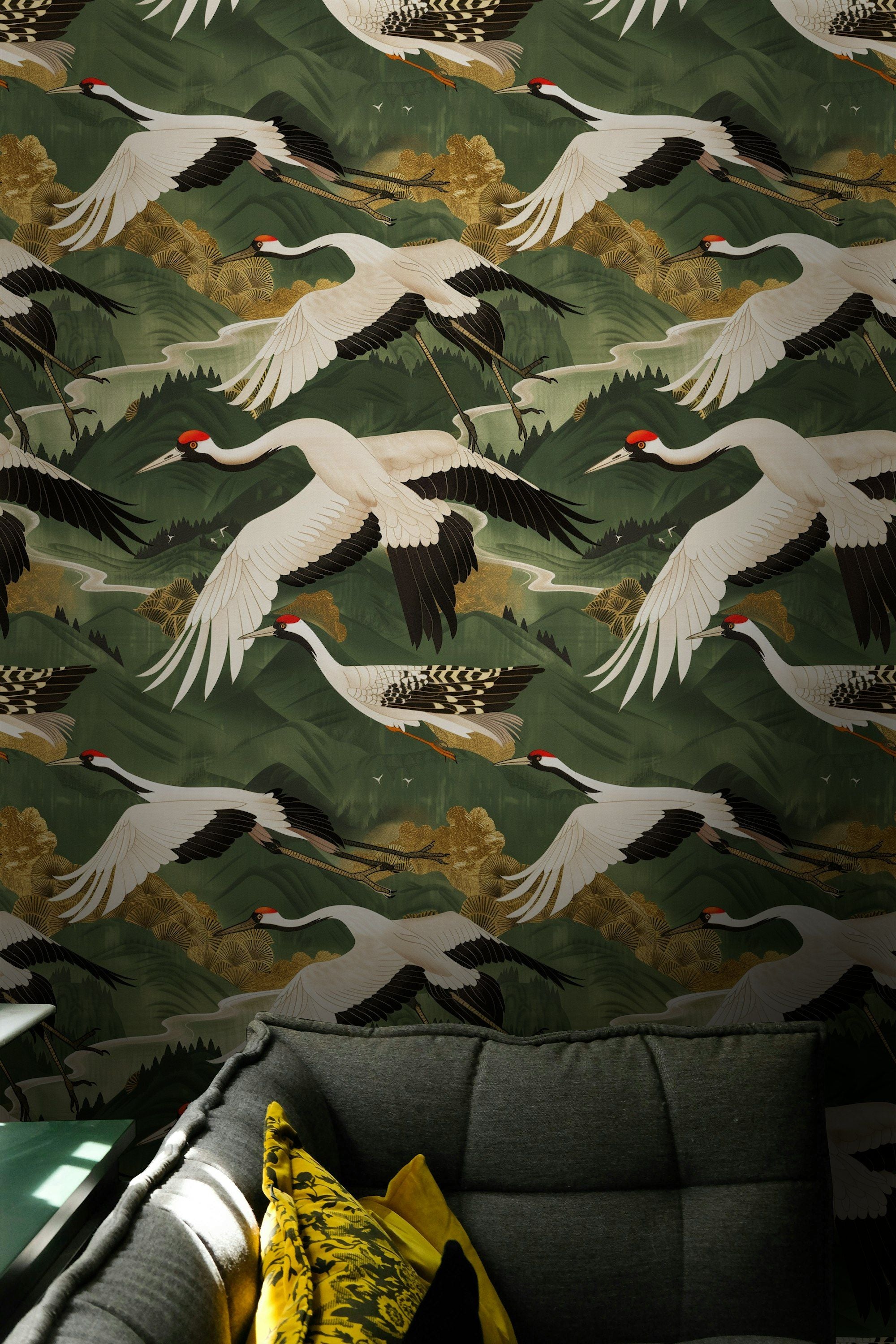 Emerald Green Japanese Crane Wallpaper