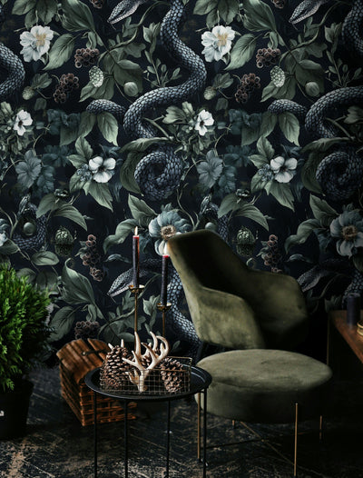 Dark Botanical Wildflower and Snake Pattern Wallpaper - 2