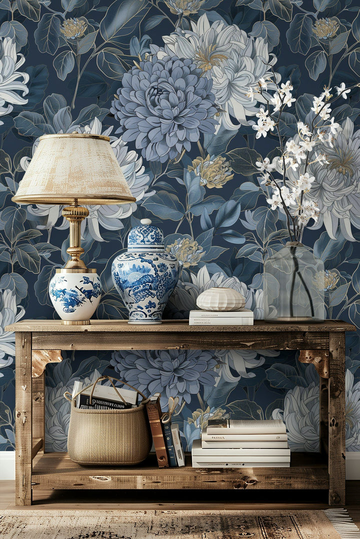 Midnight Blue Large Floral Wallpaper