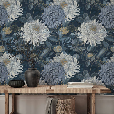 Midnight Blue Large Floral Wallpaper - 2