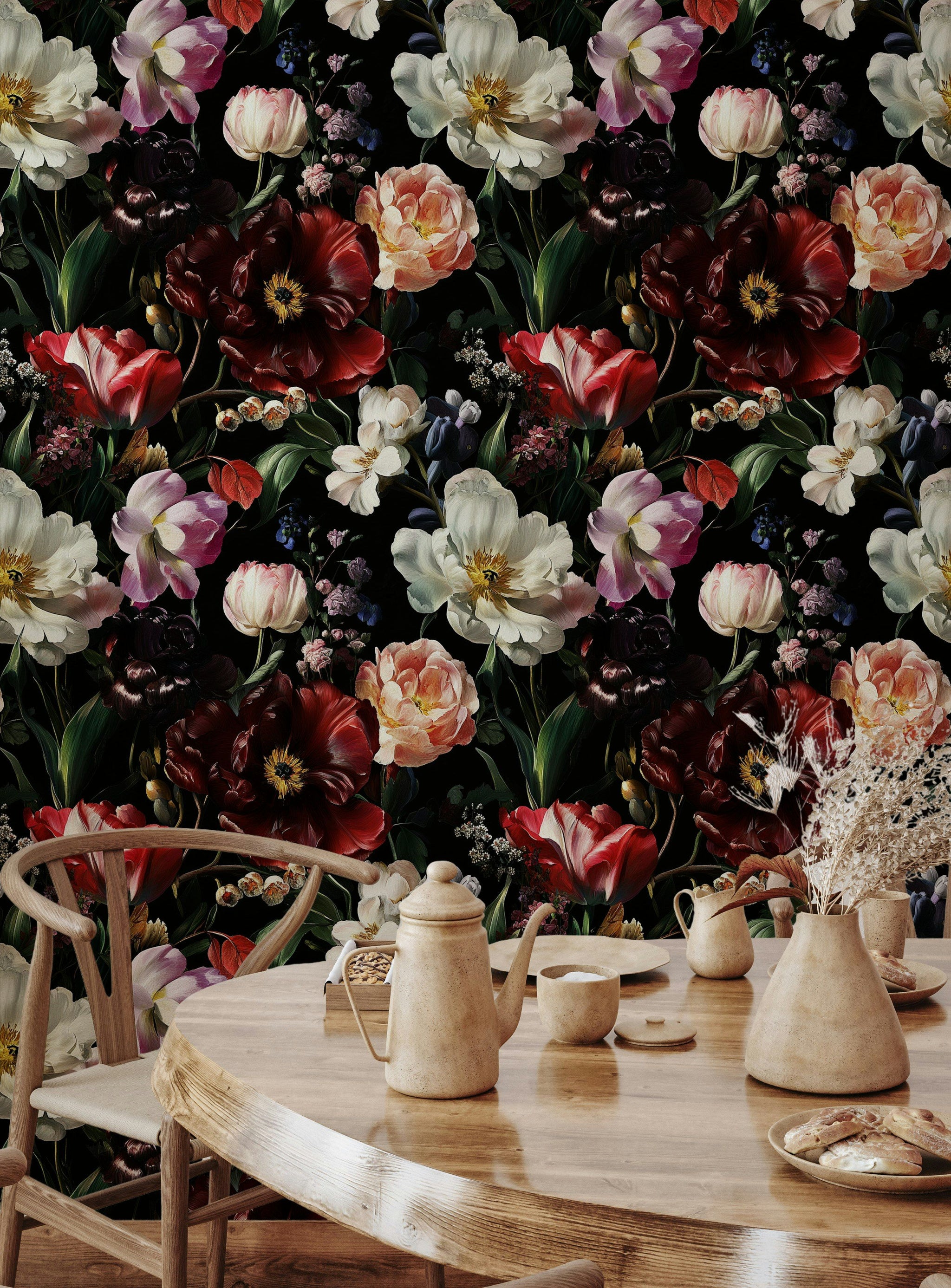 Moody Multicolor Tulip Floral Wallpaper