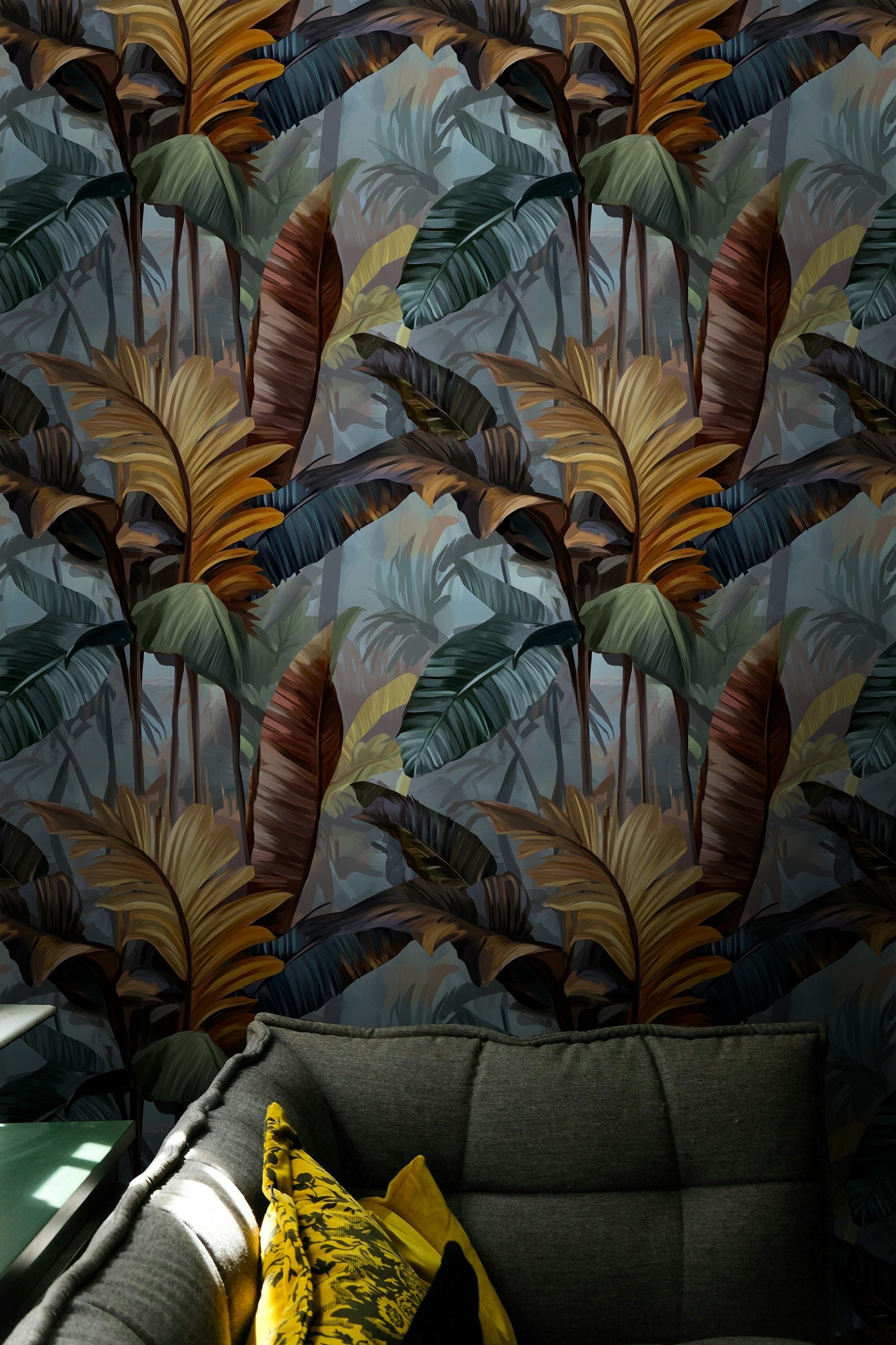 Moody Blue and Brown Tropical Leaf Wallpaper