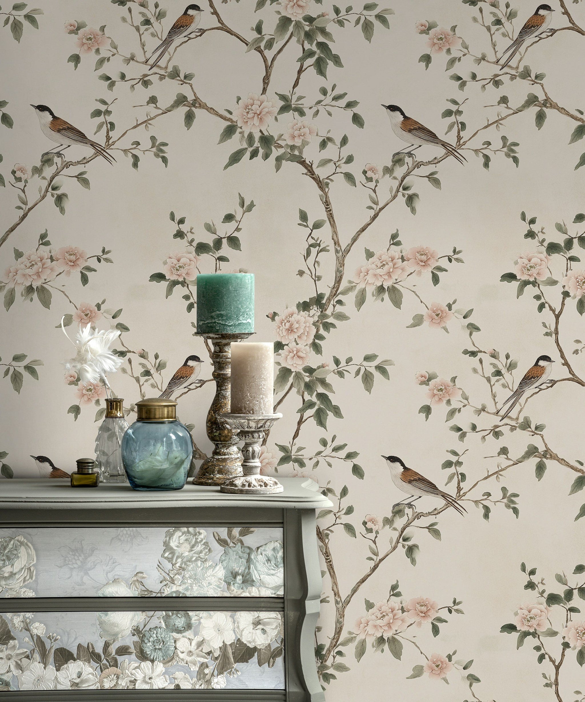Cream Background Bird and Blossom Botanical Wallpaper
