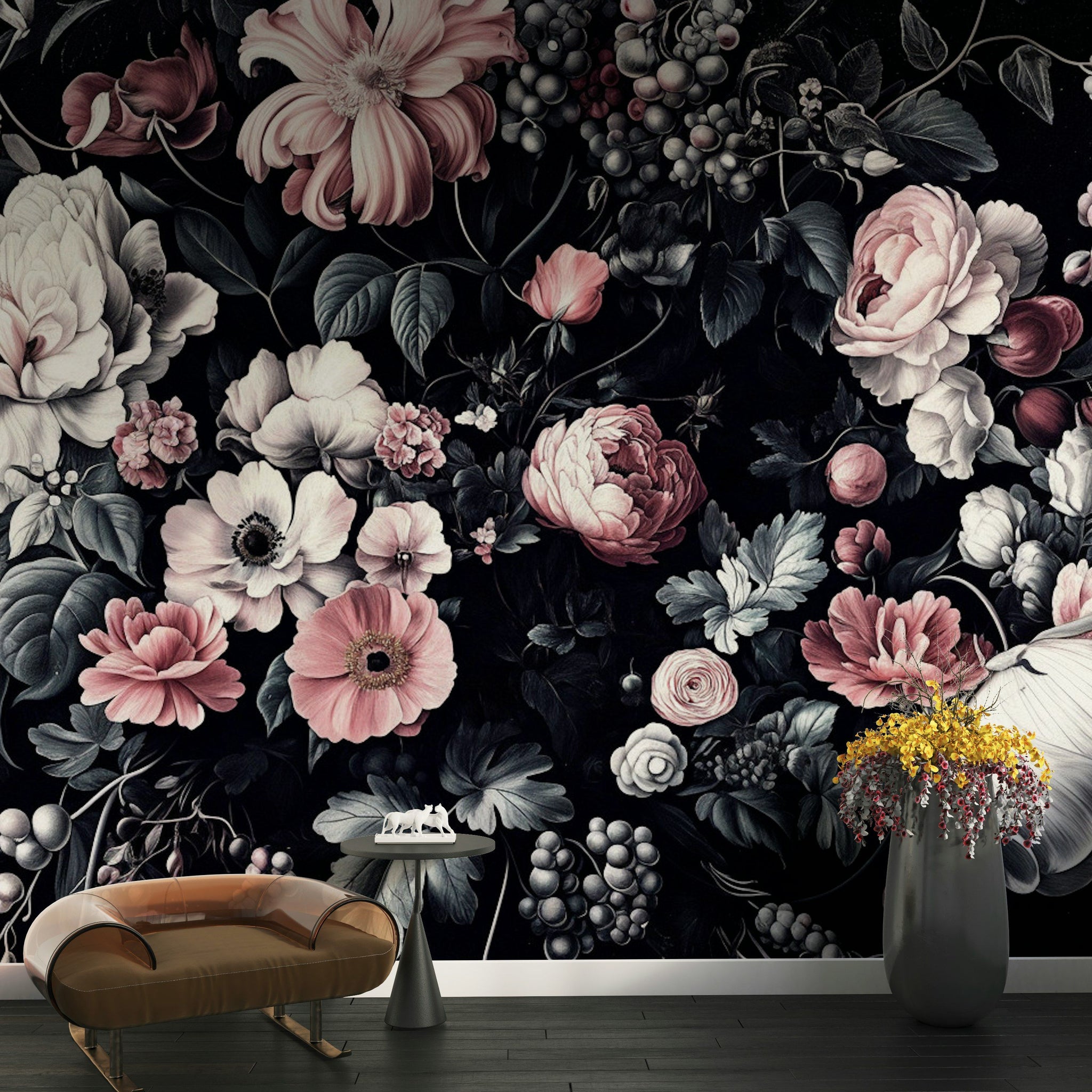 Dark Black Romantic Floral Bouquet Wall Mural