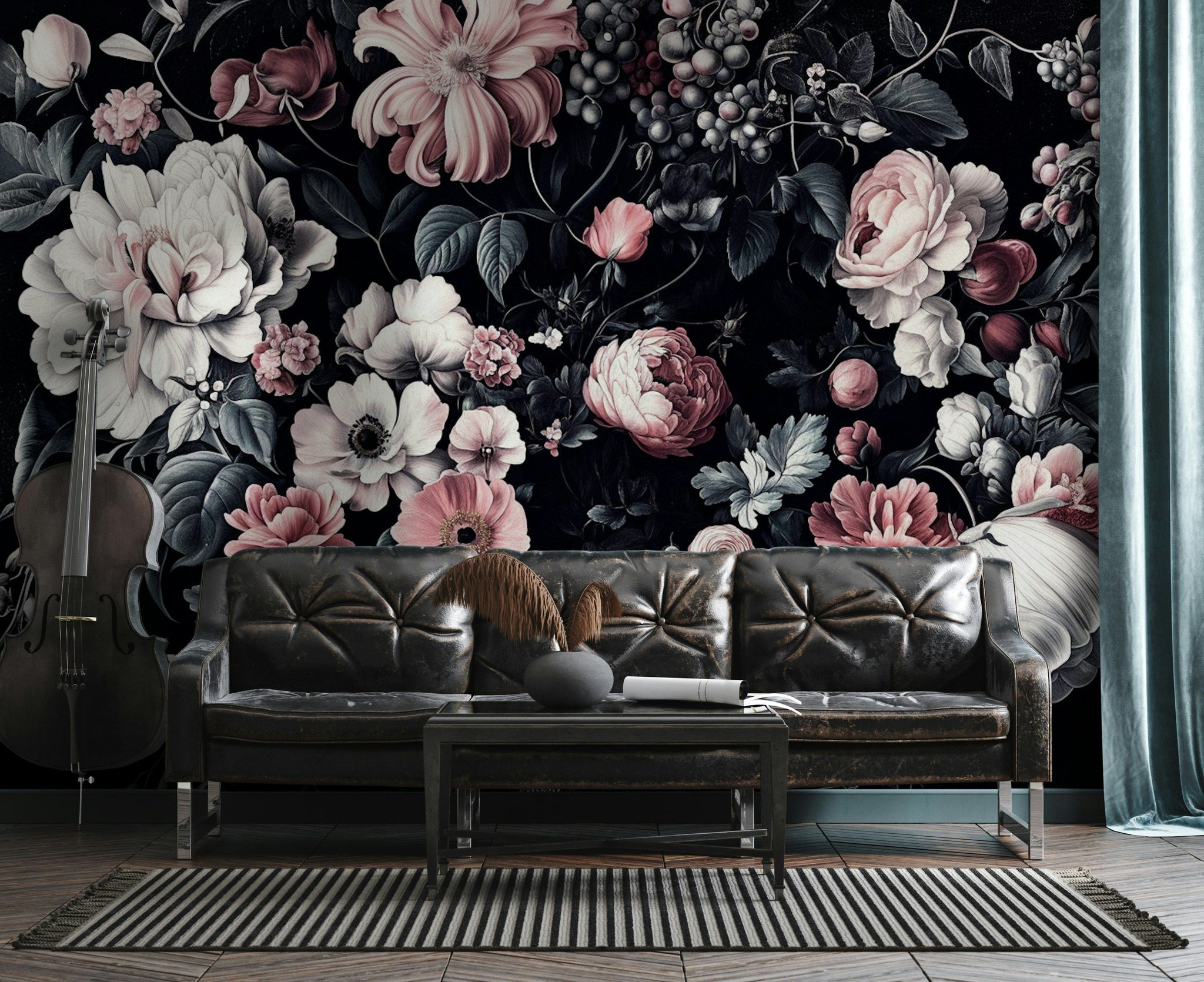 Dark Black Romantic Floral Bouquet Wall Mural