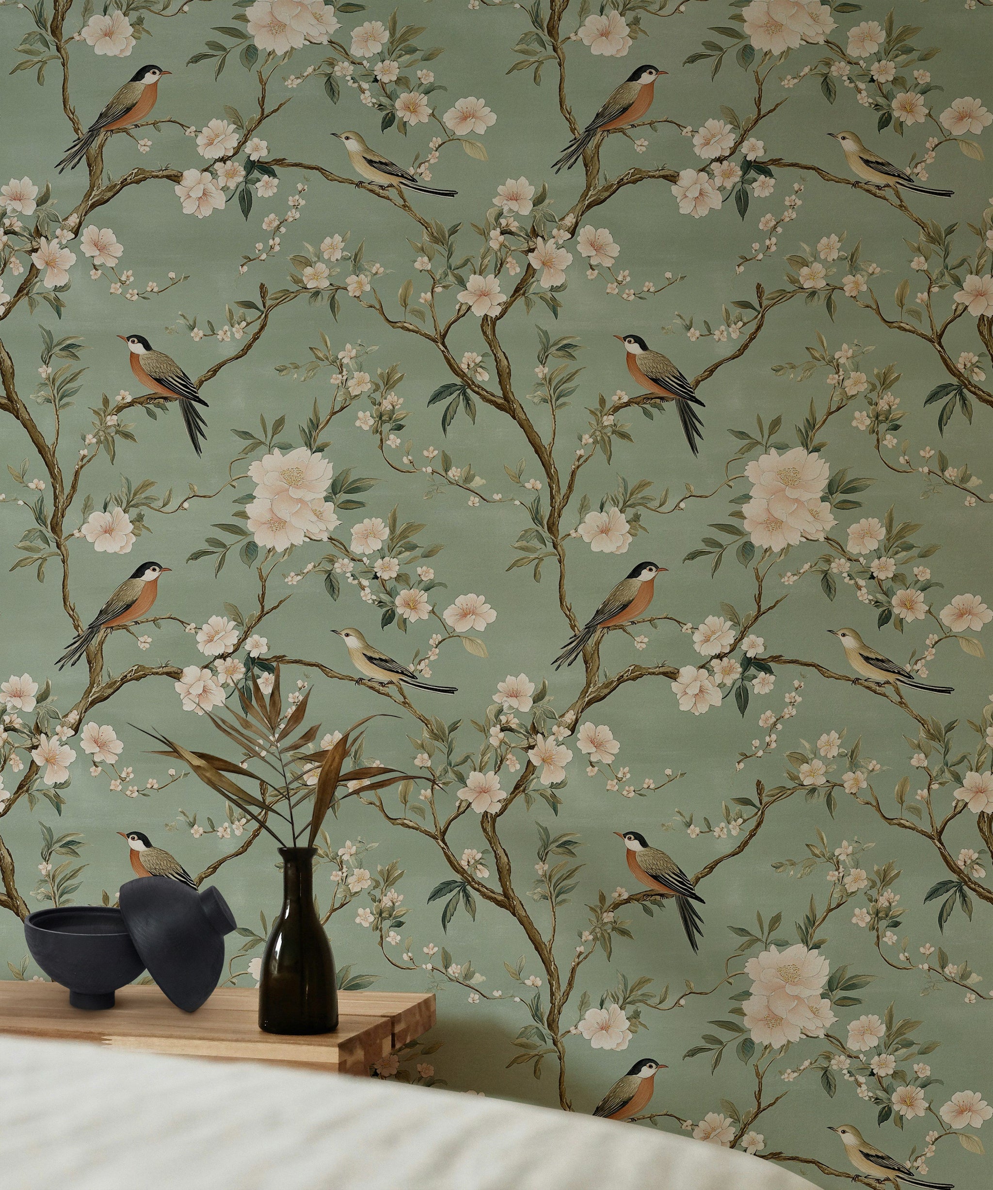 Soft Sage Green Bird and Cherry Blossom Wallpaper