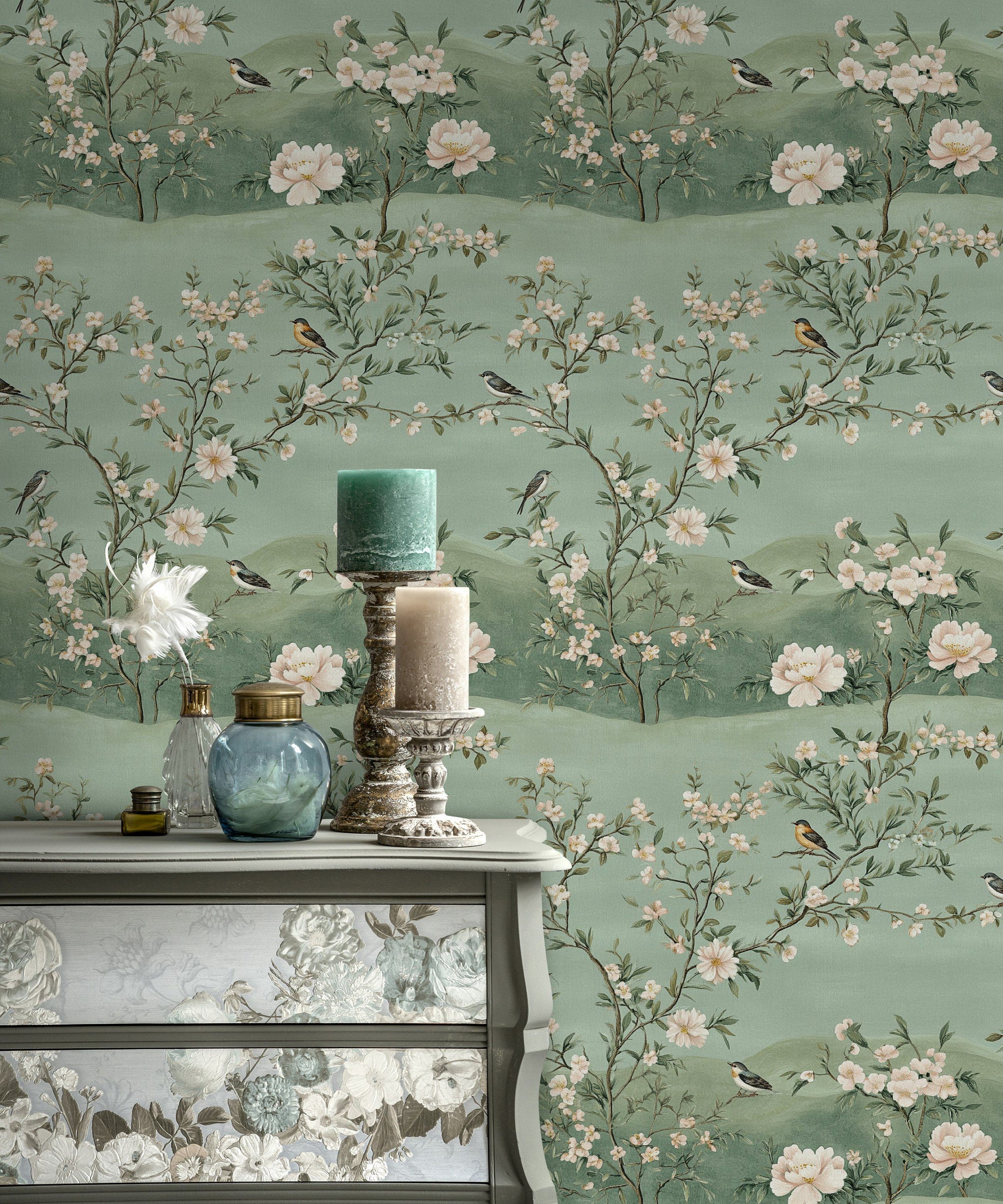 Pastel Green Cherry Blossom and Bird Wallpaper