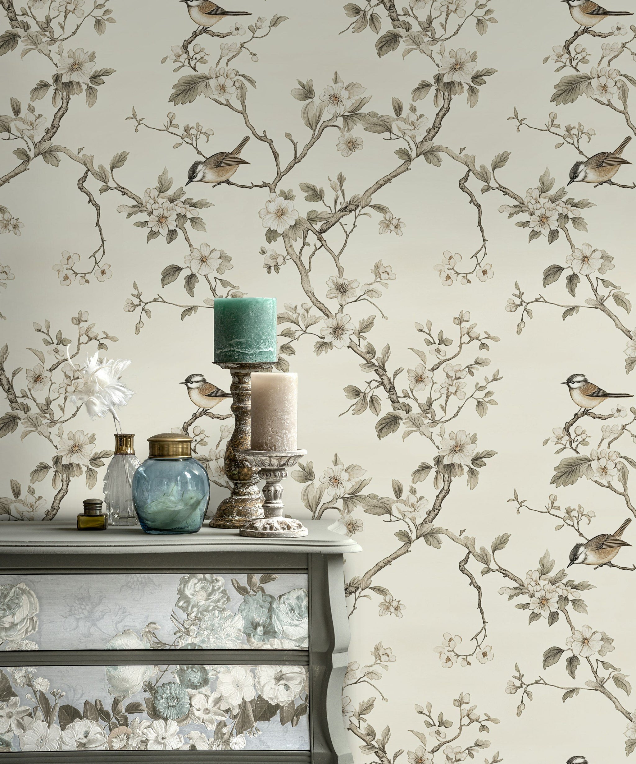 Cream Cherry Blossom and Bird Motif Wallpaper