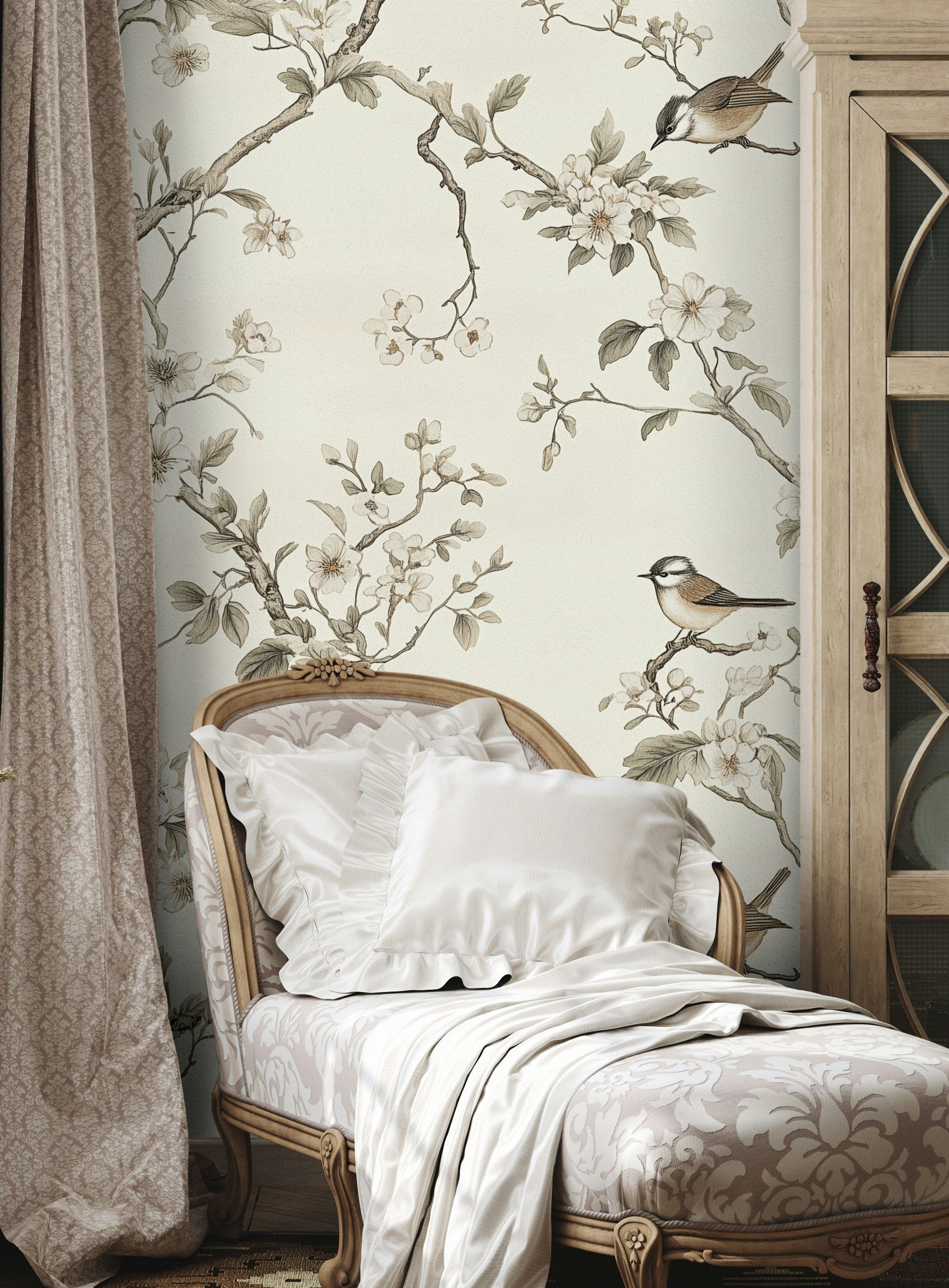Cream Cherry Blossom and Bird Motif Wallpaper