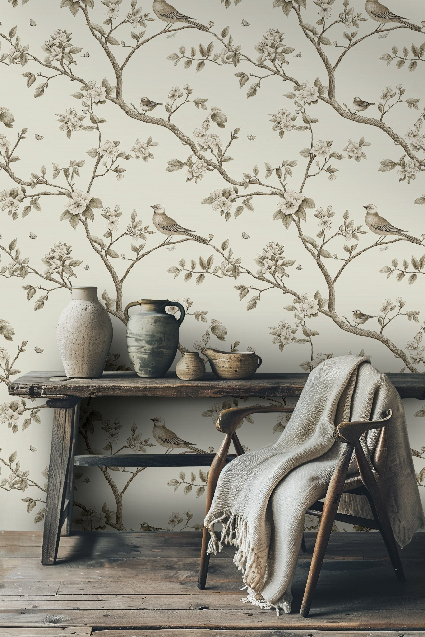 Cream and Taupe Vintage Bird Floral Wallpaper