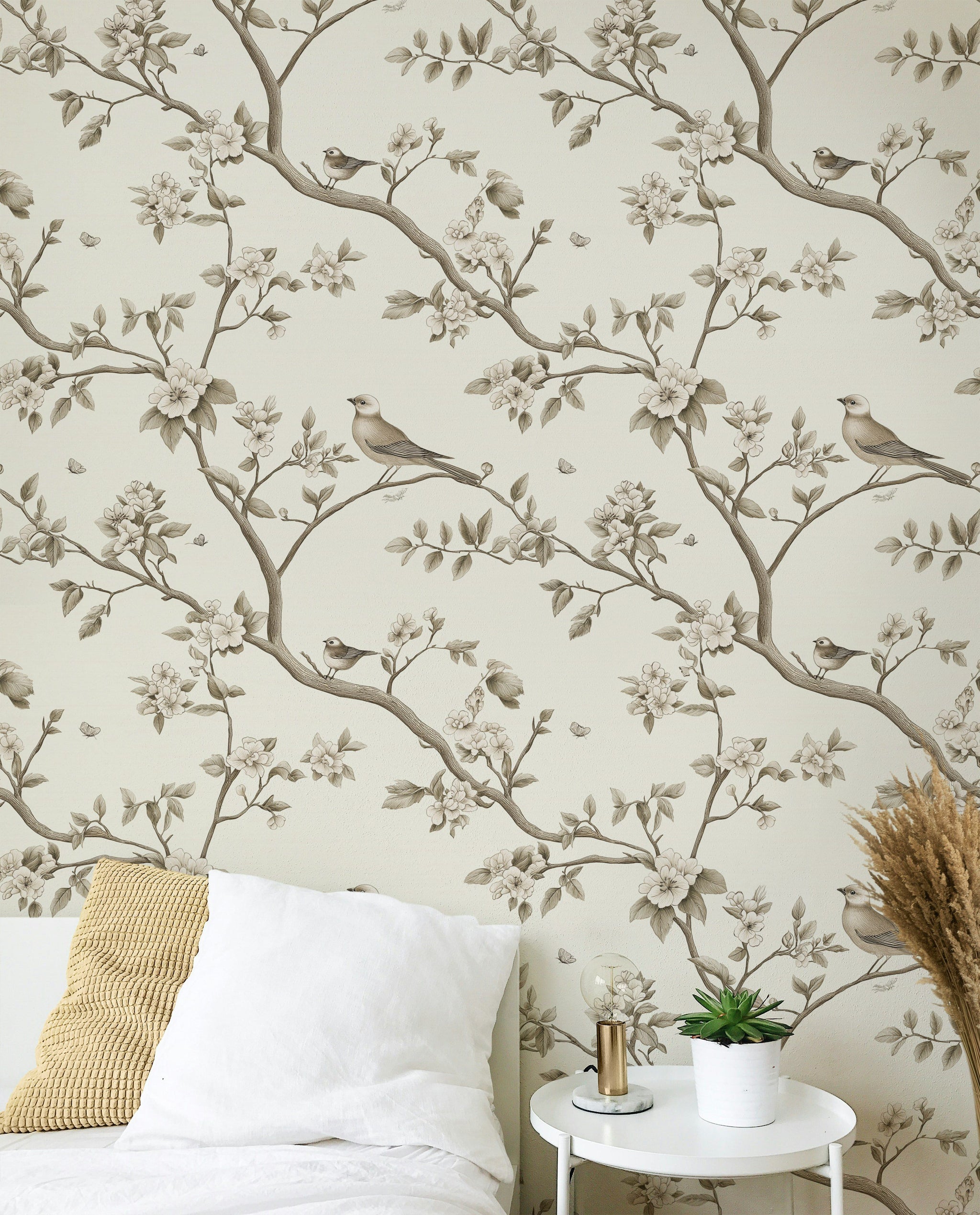 Cream and Taupe Vintage Bird Floral Wallpaper