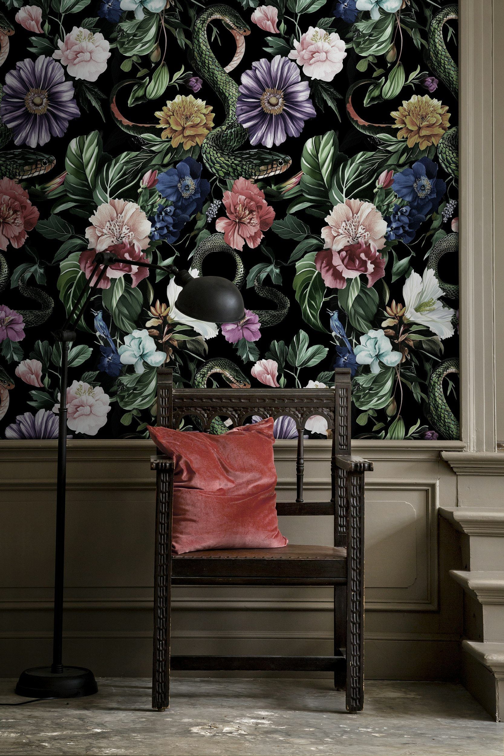 Midnight Black Lush Floral and Serpent Wallpaper