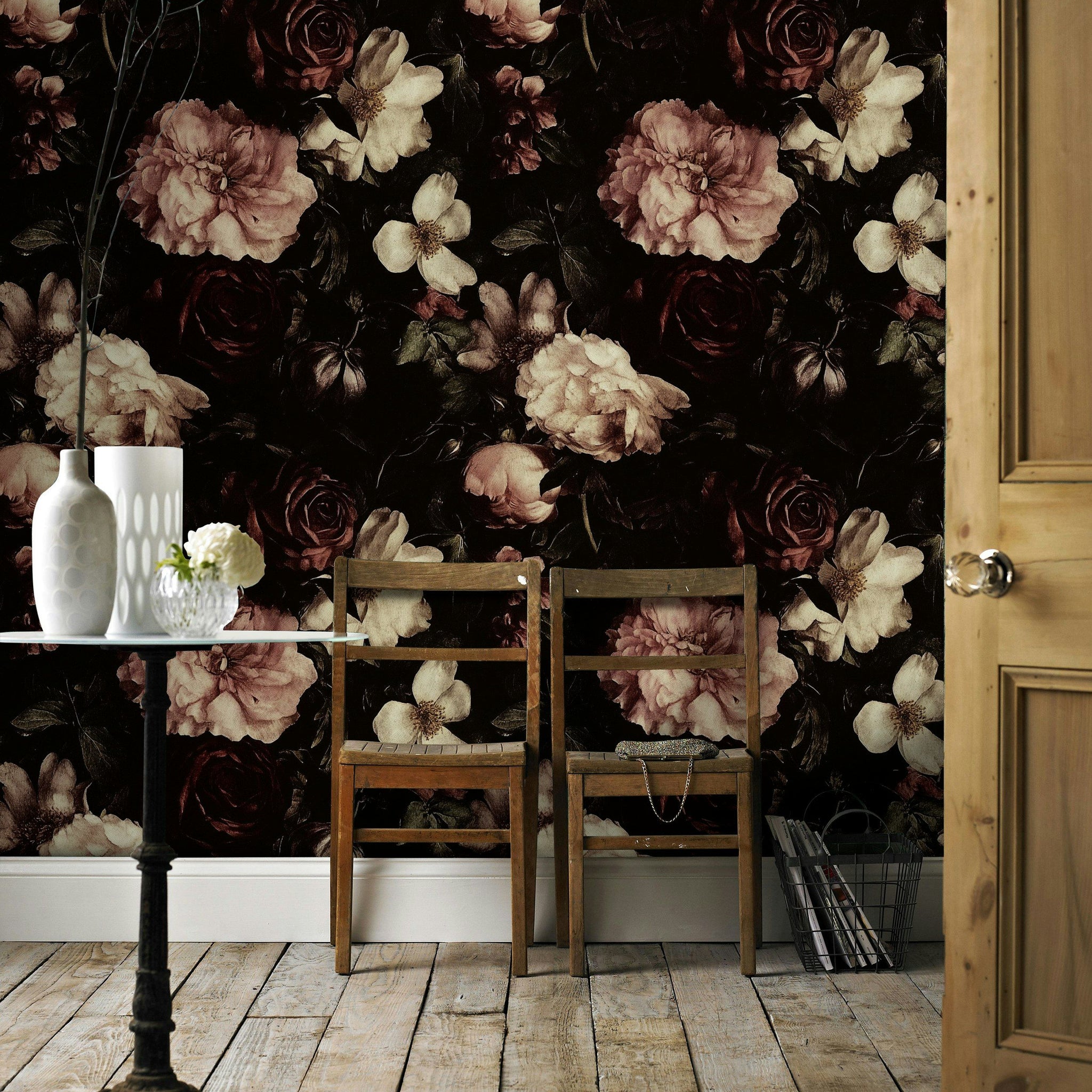 Moody Black and Cream Rose Floral Wallpaper