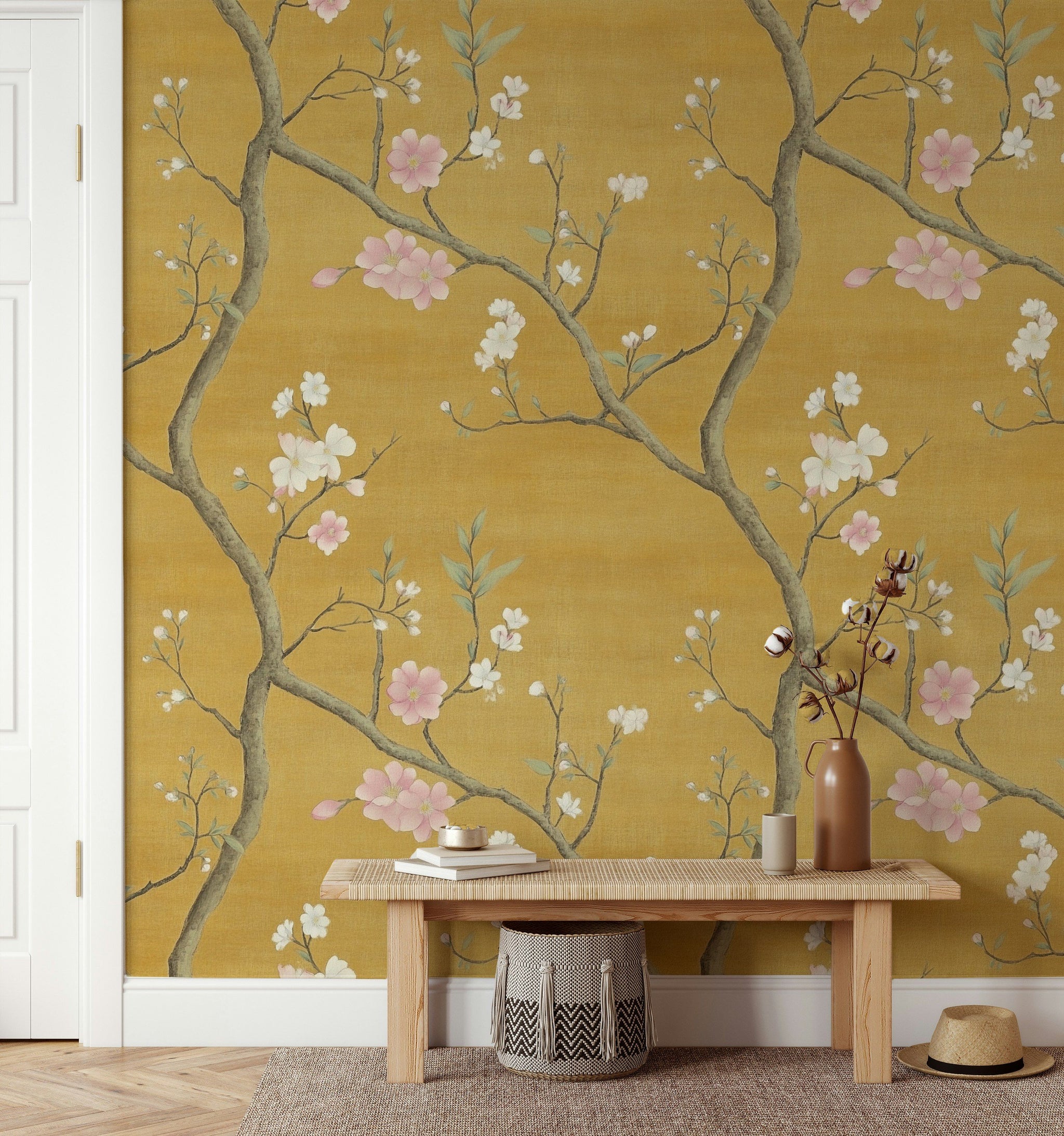 Golden Look Chinoiserie Cherry Blossom Wallpaper