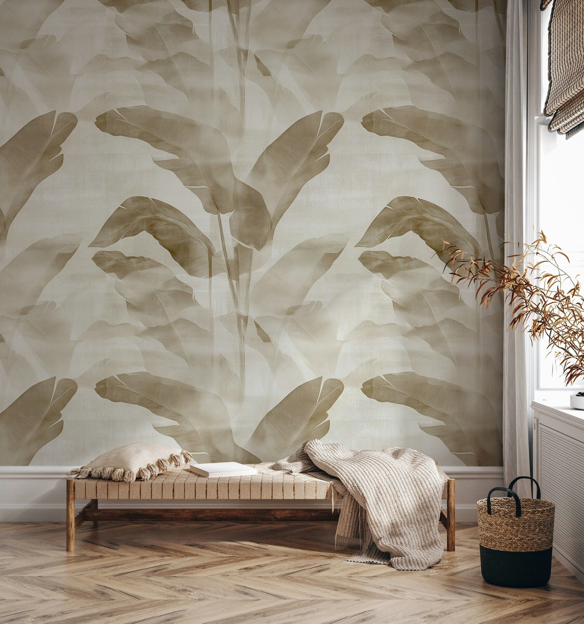 Beige and Brown Banana Leaf Botanical Wallpaper