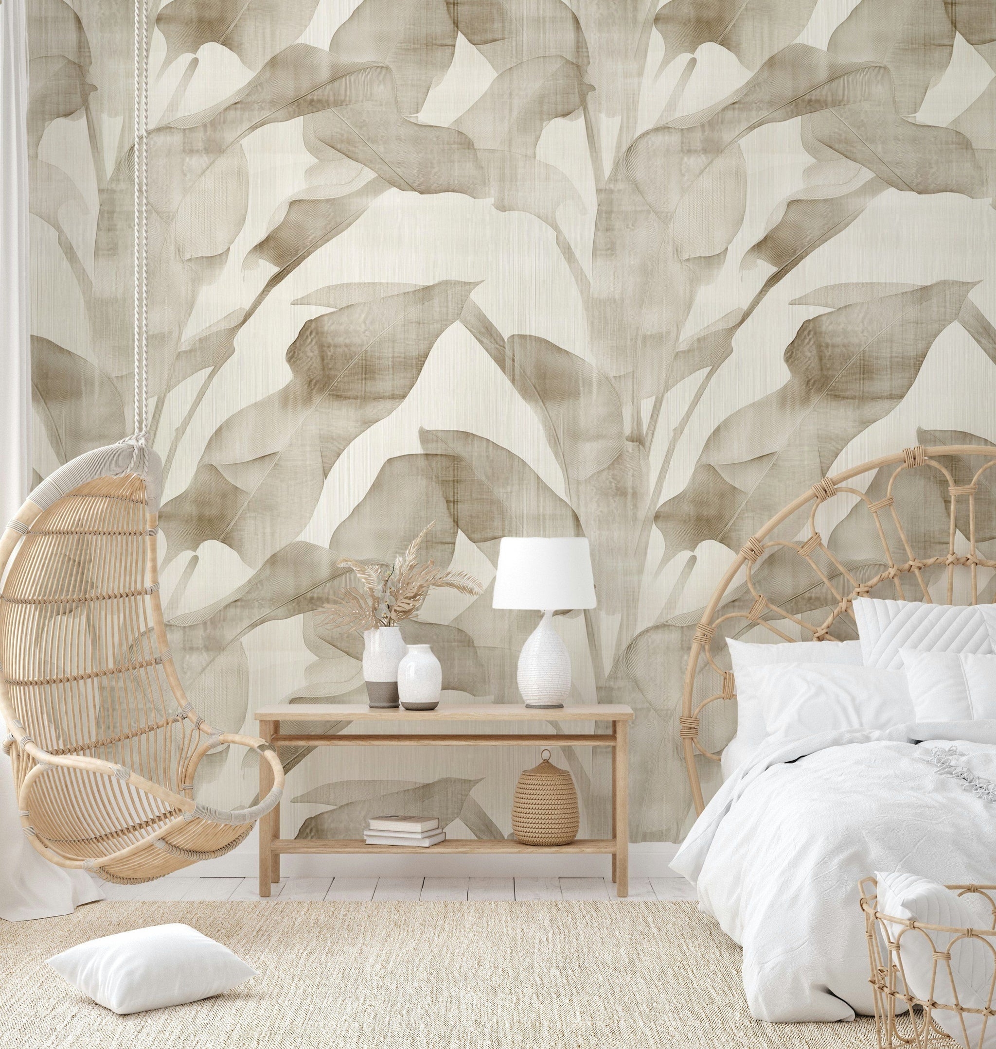 Beige Monochrome Botanical Leaf Wallpaper