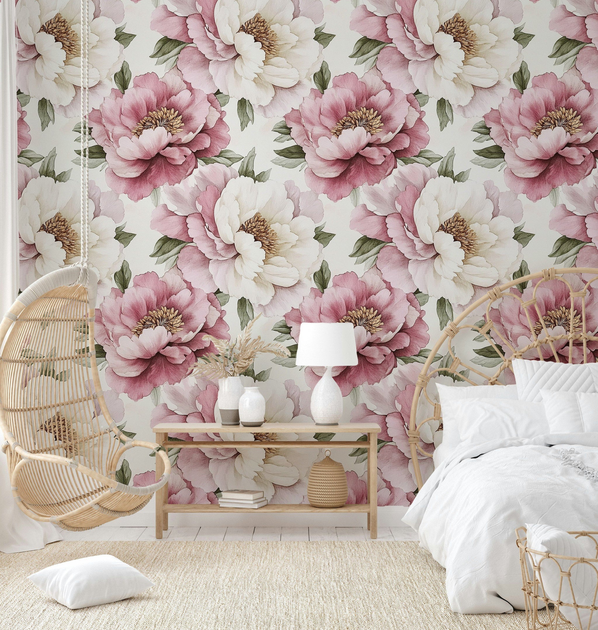 Cream and Blush Pink Peony Floral Wallpaper