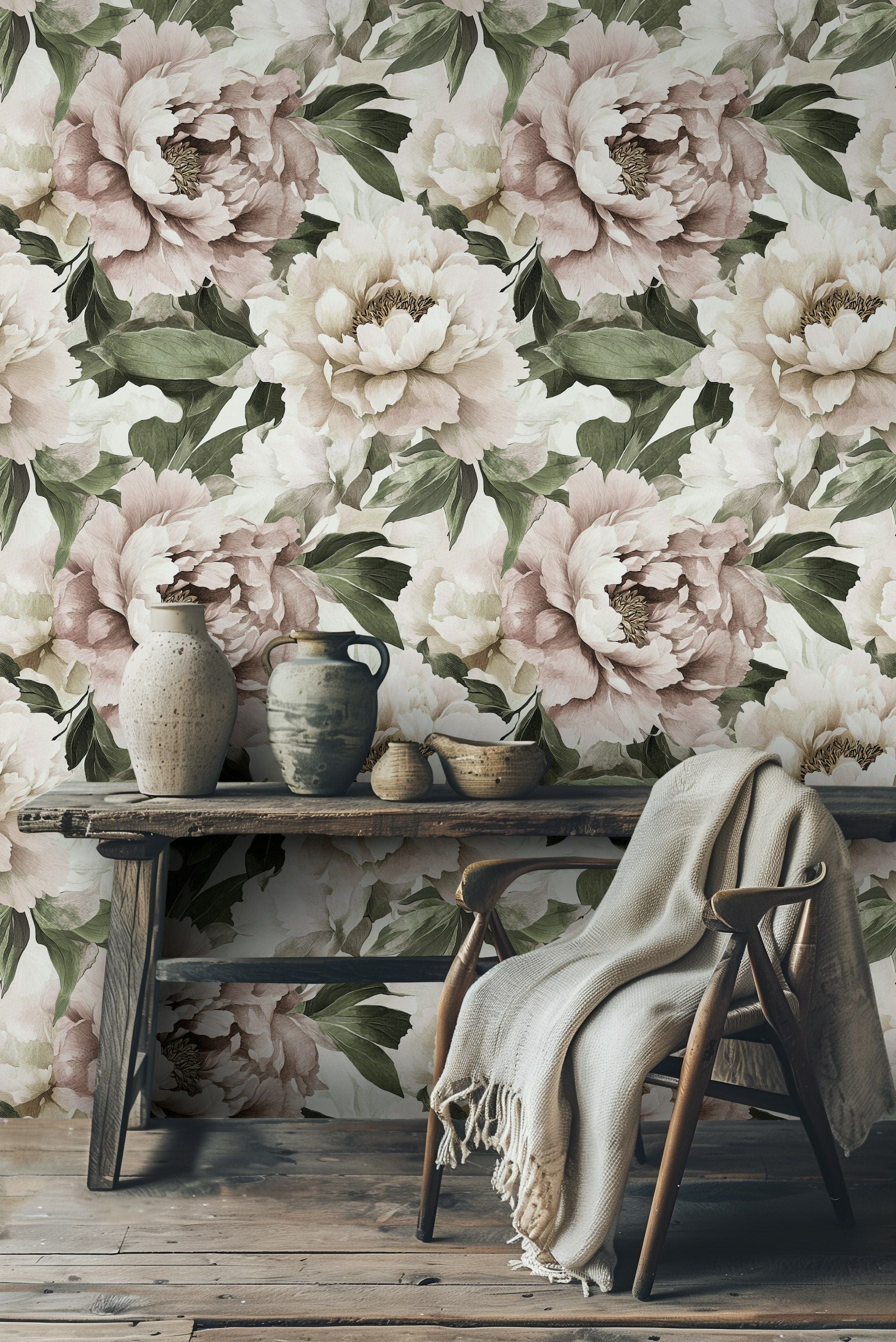 Beige and Green Peony Floral Wallpaper