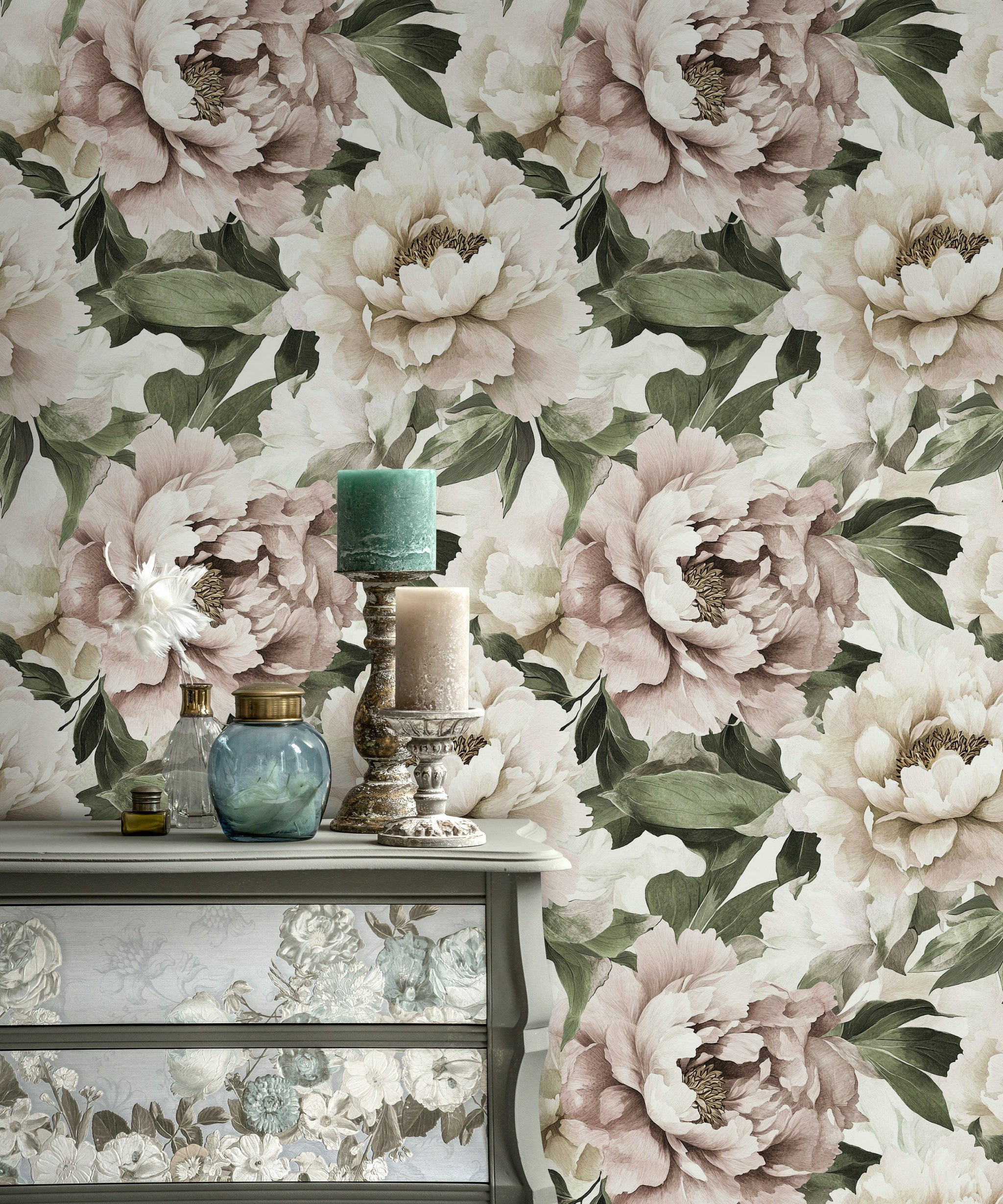Beige and Green Peony Floral Wallpaper