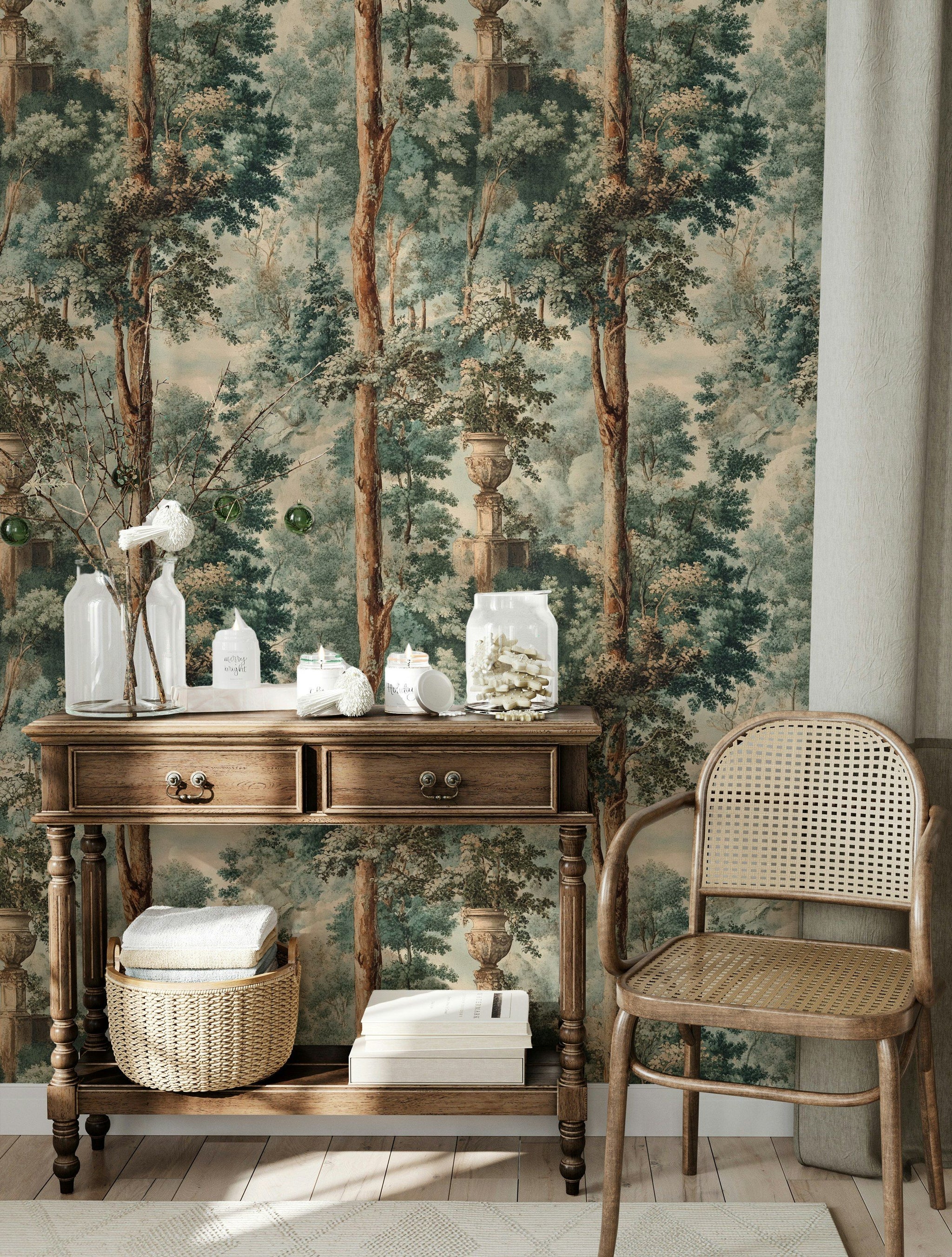 Beige and Green Forest Landscape Wallpaper