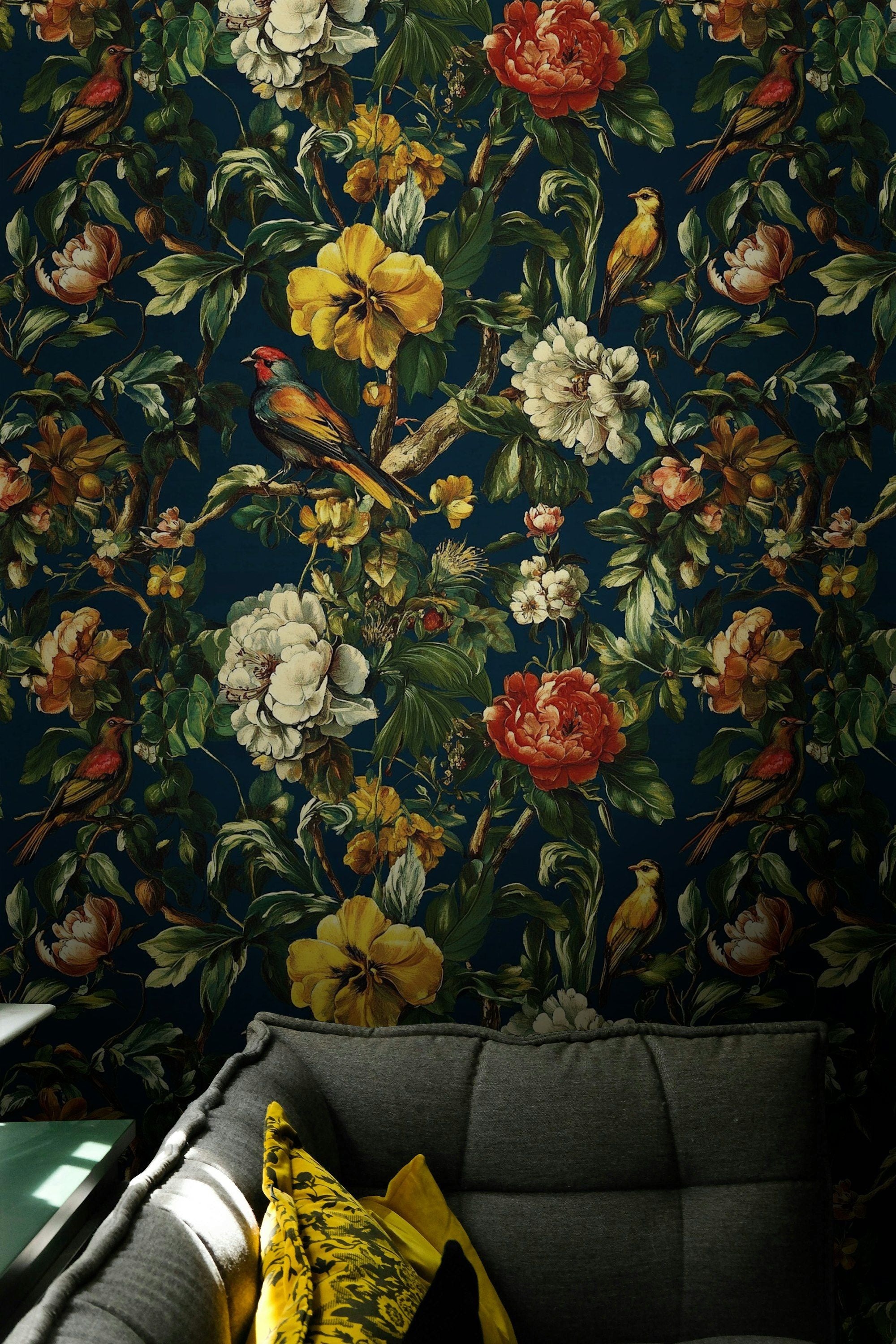 Deep Black Vintage Floral and Birds Wallpaper