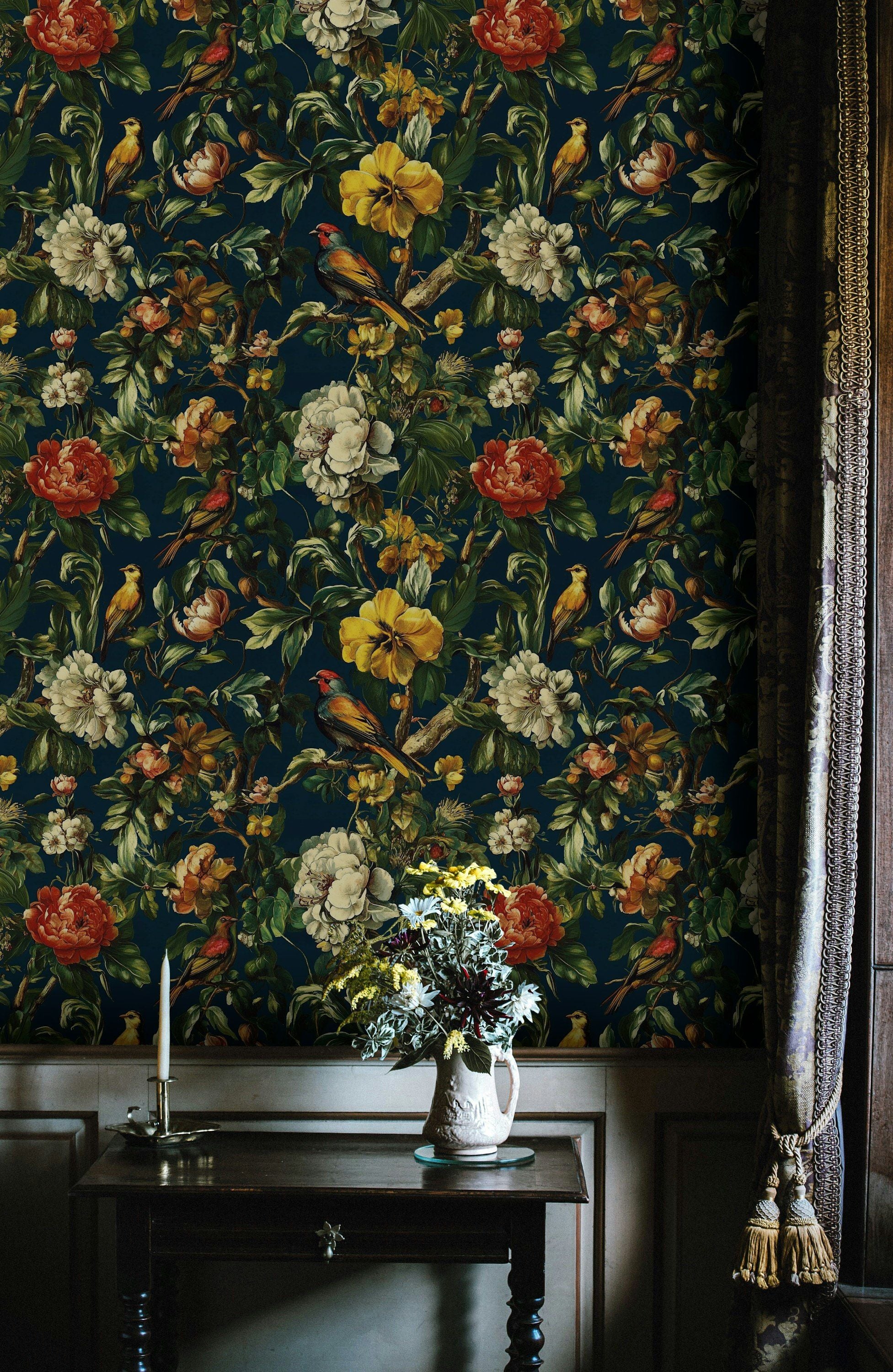 Deep Black Vintage Floral and Birds Wallpaper