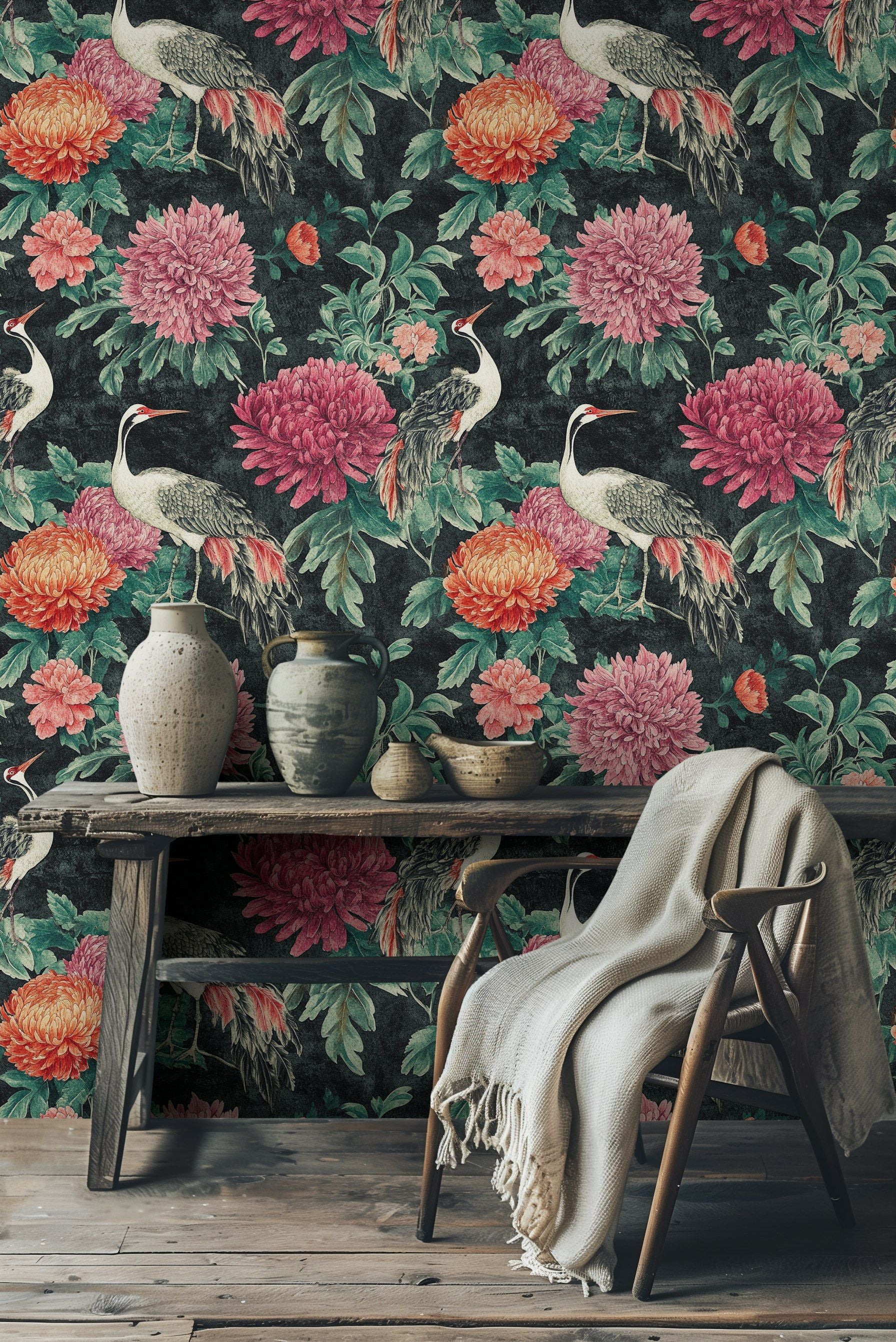 Dark Floral and Crane Vintage Wallpaper