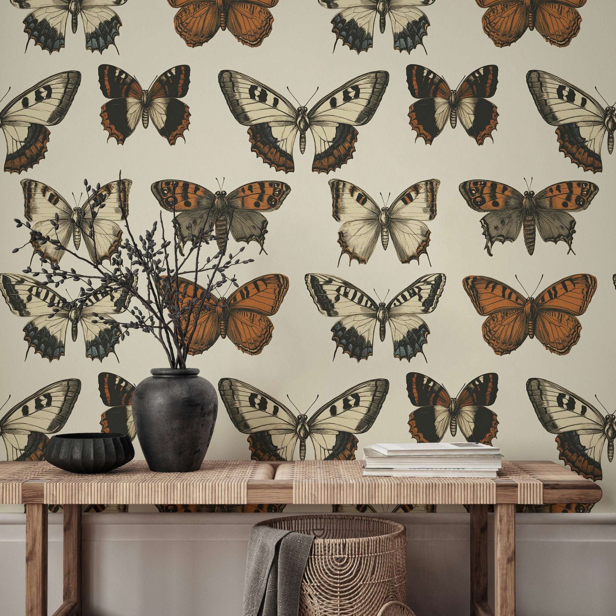 Beige and Orange Butterfly Pattern Wallpaper