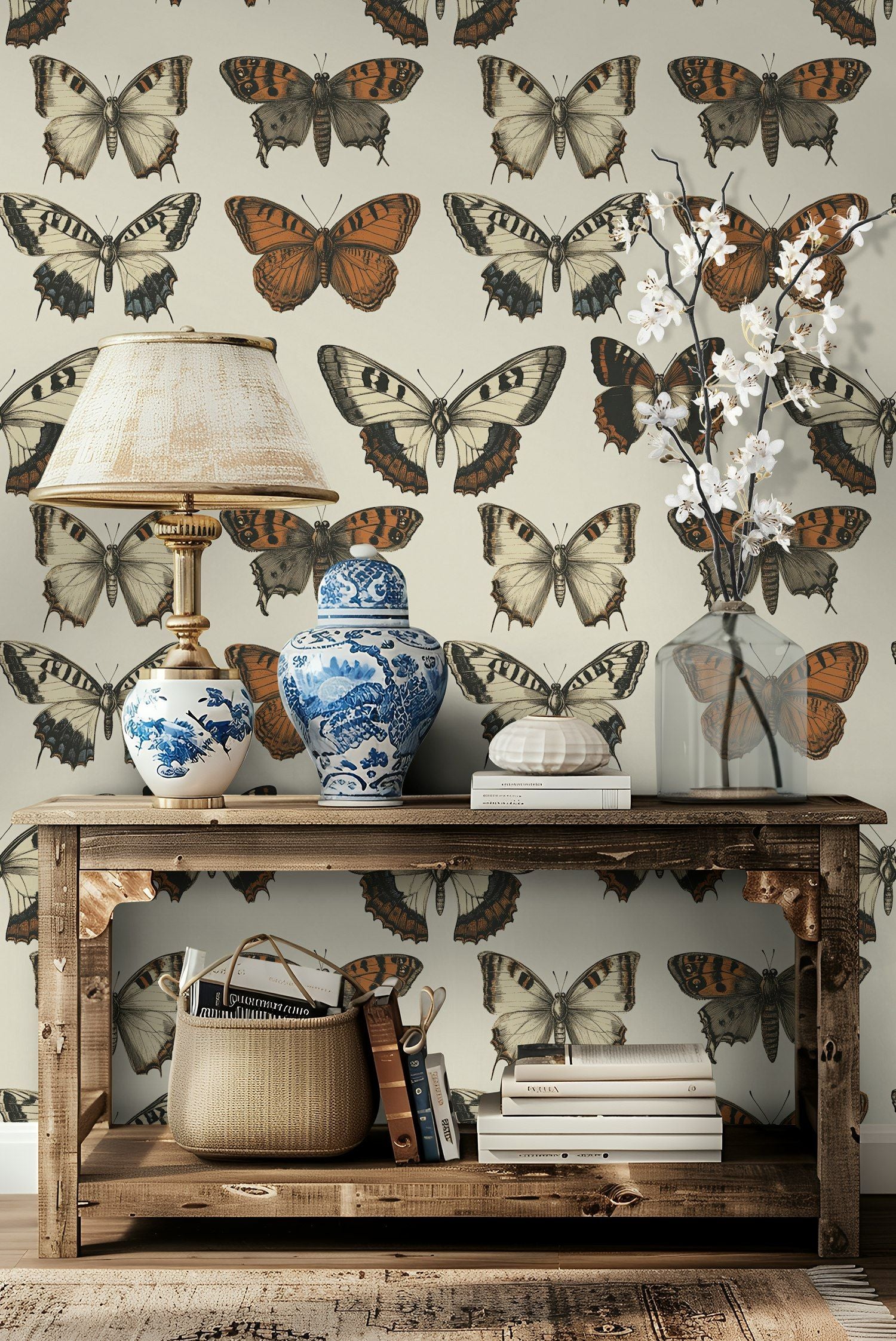 Beige and Orange Butterfly Pattern Wallpaper