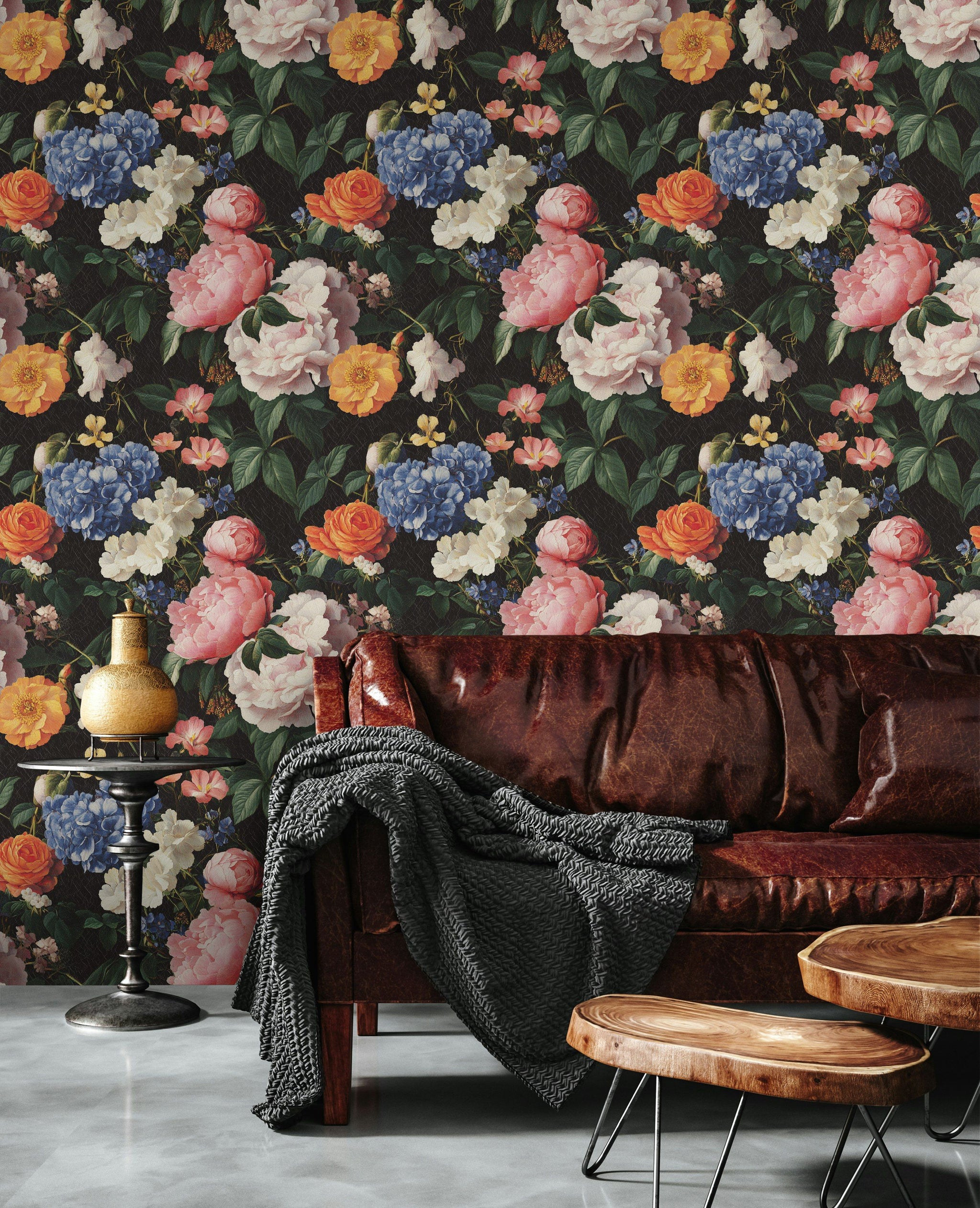 Bold Black Multicolor Floral Bouquet Wallpaper