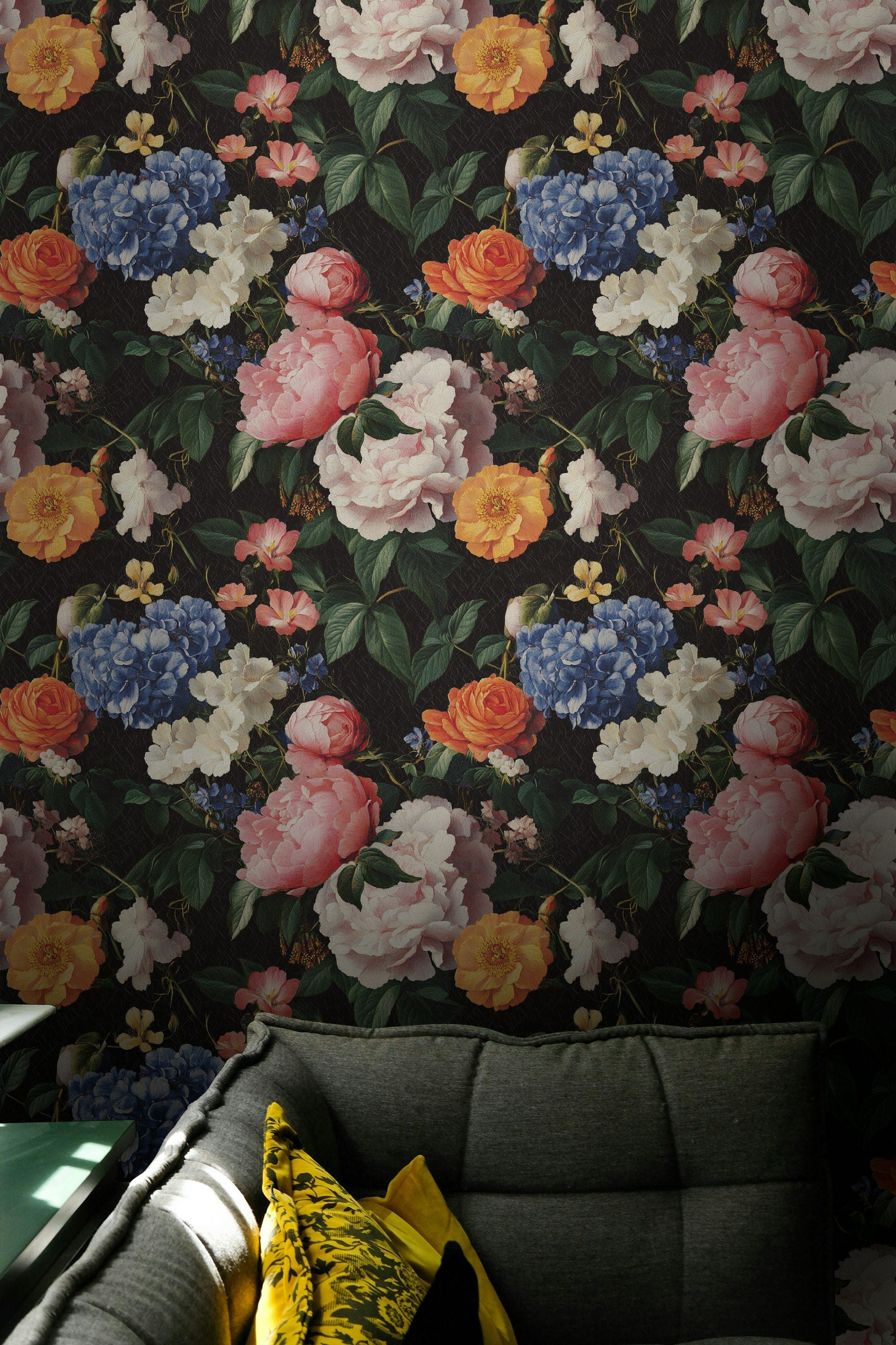 Bold Black Multicolor Floral Bouquet Wallpaper