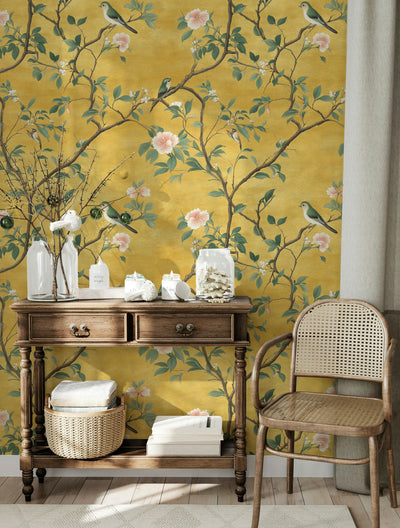 Golden Look Yellow Chinoiserie Bird and Blossom Wallpaper