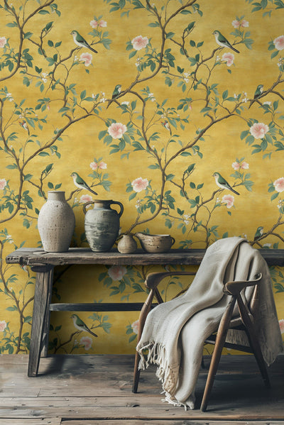 Golden Look Yellow Chinoiserie Bird and Blossom Wallpaper - 2