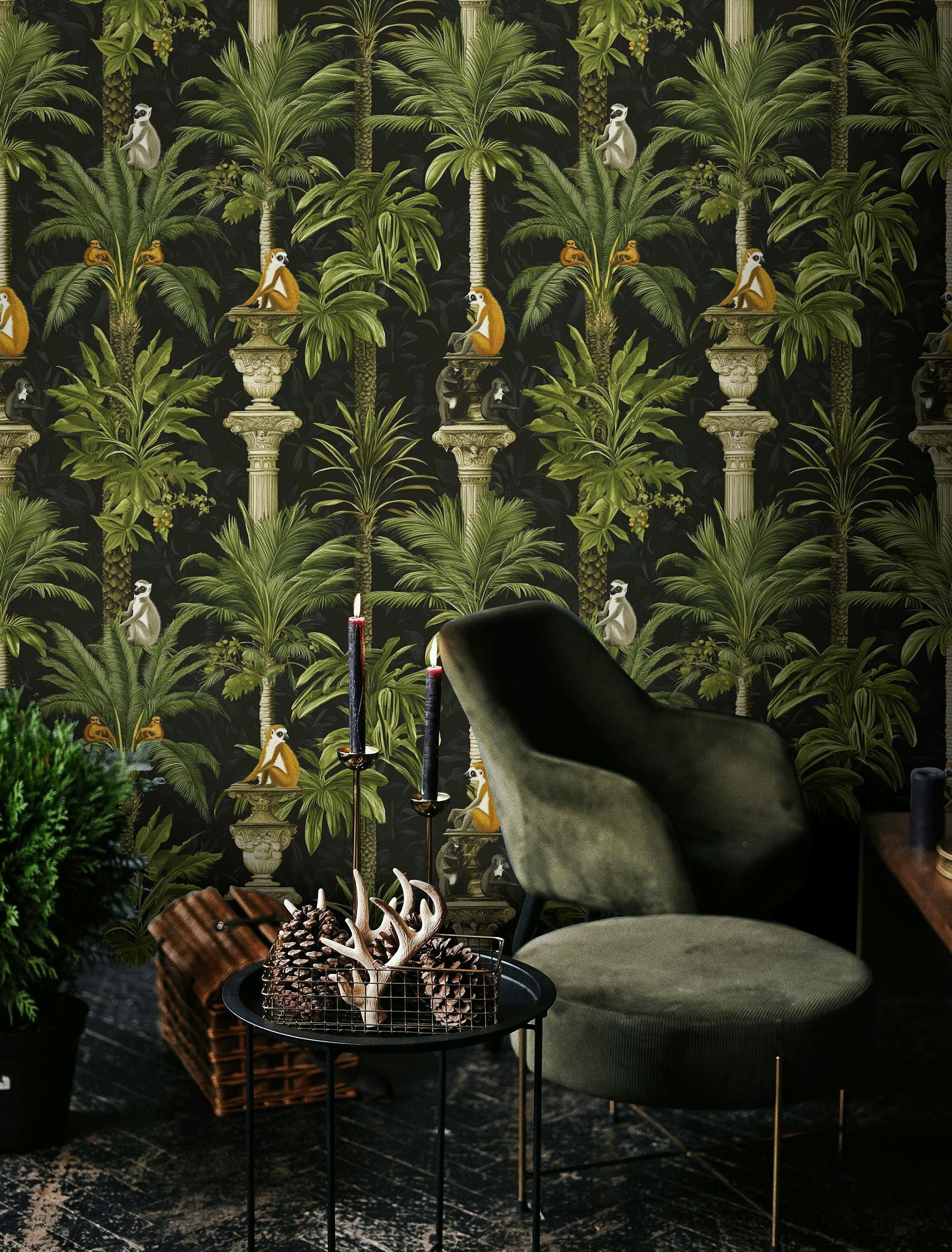 Dark Vintage Monkey Palm Tree Wallpaper