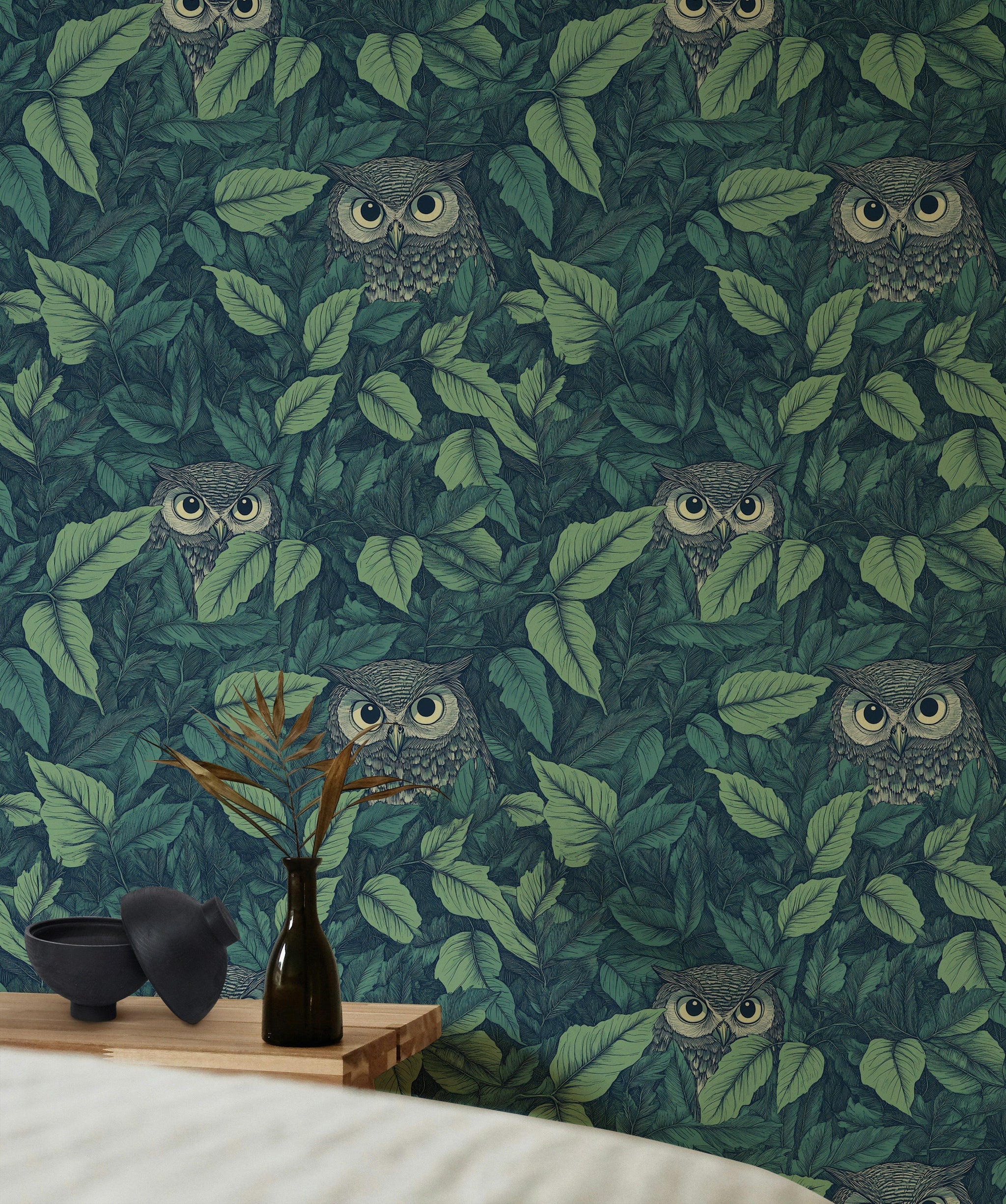 Green Foliage with Hidden Owls Wallpaper