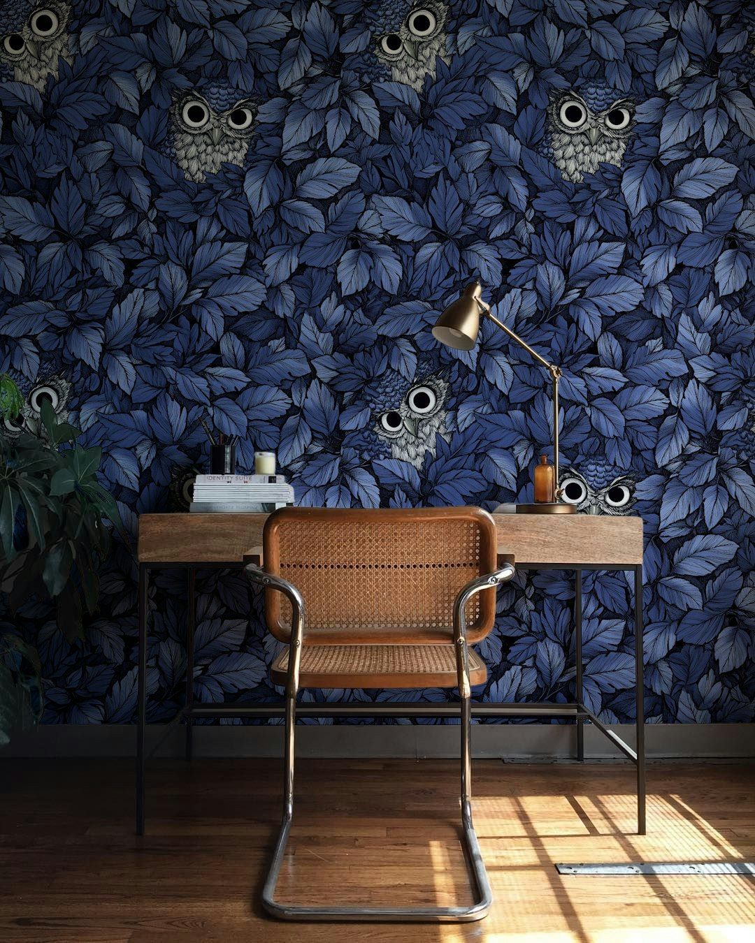 Dark Blue Owl and Leaf Pattern Wallpaper