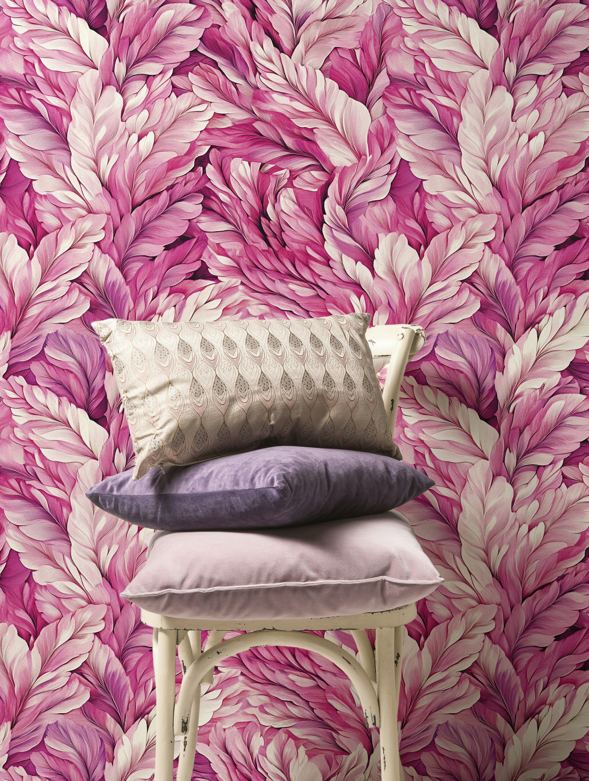 Vibrant Pink Feathered Leaf Pattern Wallpaper