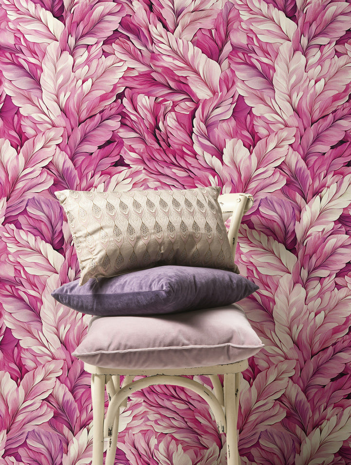 Vibrant Pink Feathered Leaf Pattern Wallpaper