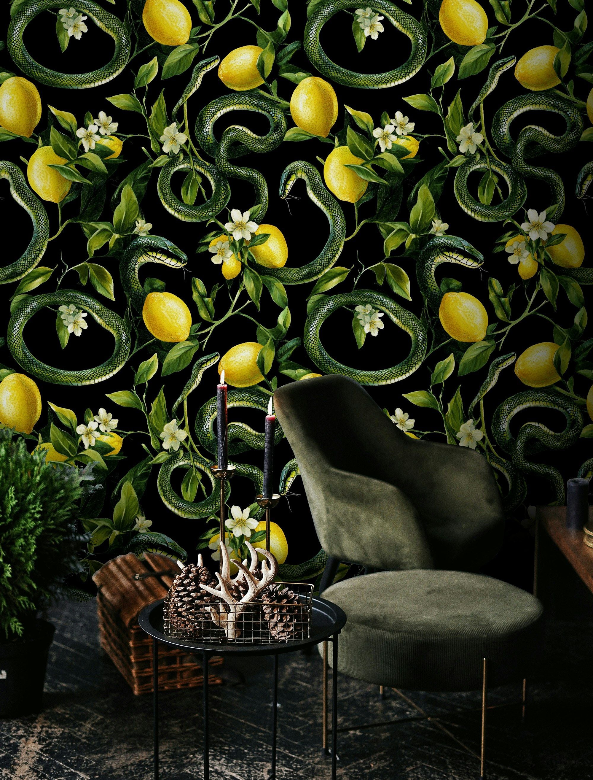 Black and Yellow Snake Botanical Pattern Wallpaper
